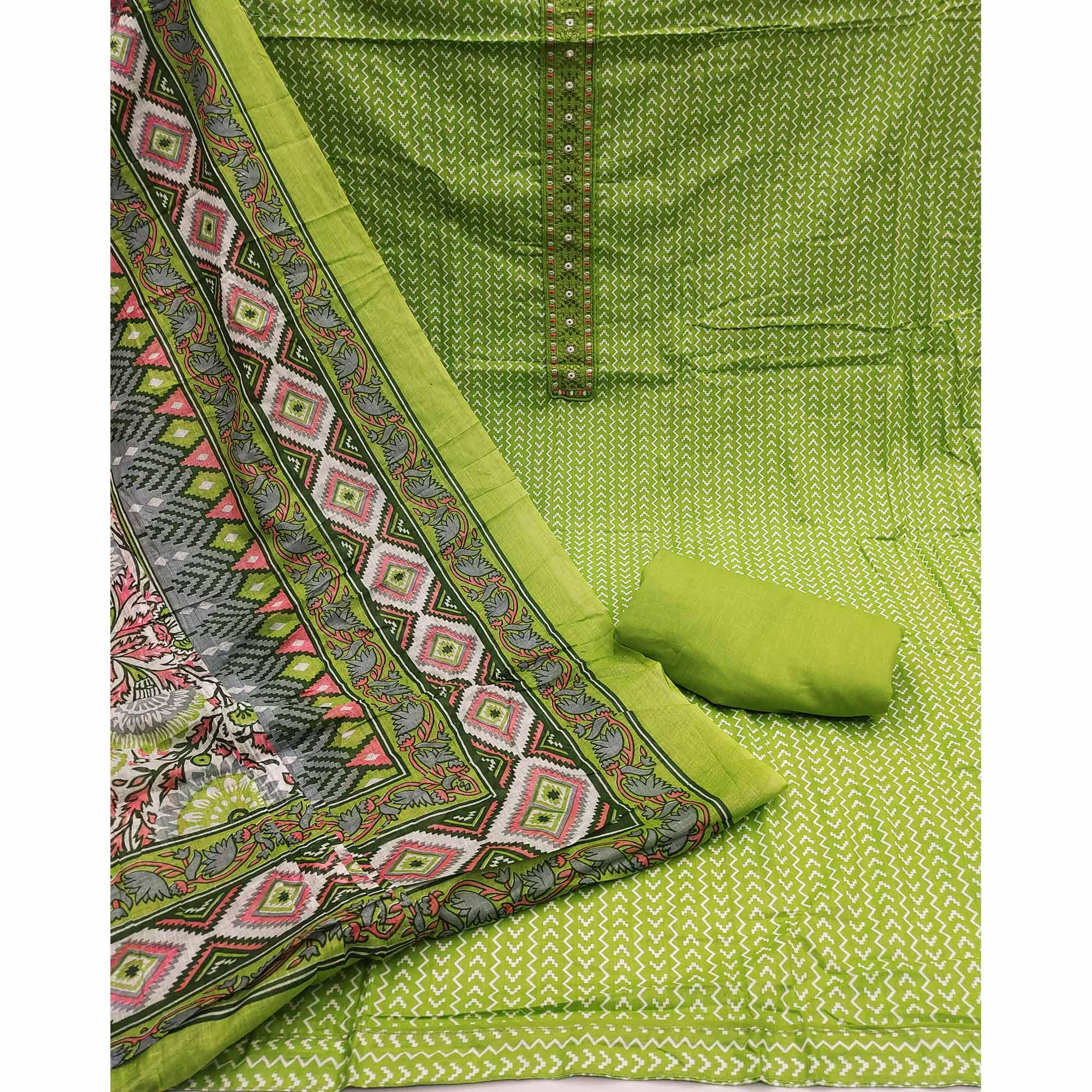Green Printed With Embroidered Cotton Blend Dress Material - Peachmode