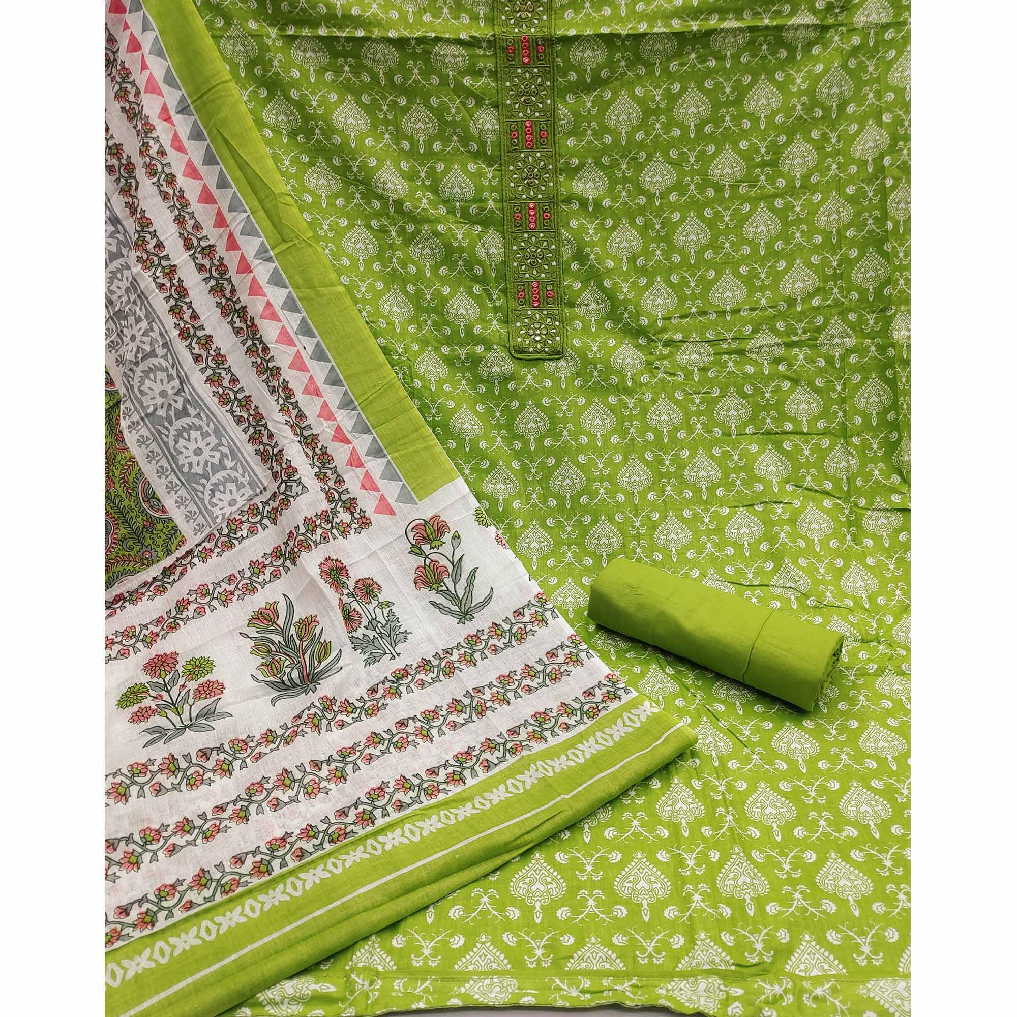 Green Printed With Embroidered Cotton Blend Dress Material - Peachmode