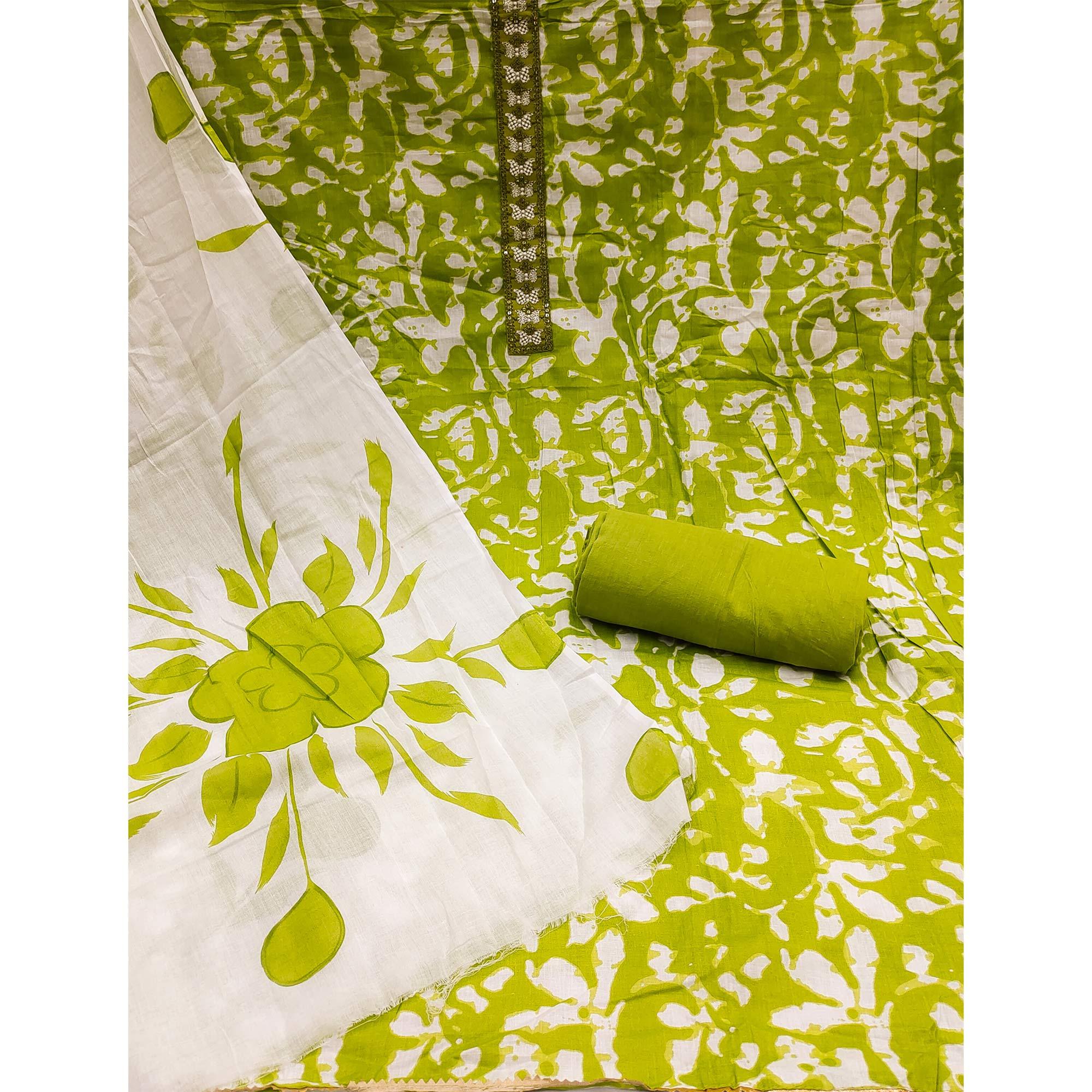 Green Printed With Embroidered Cotton Blend Dress Material - Peachmode