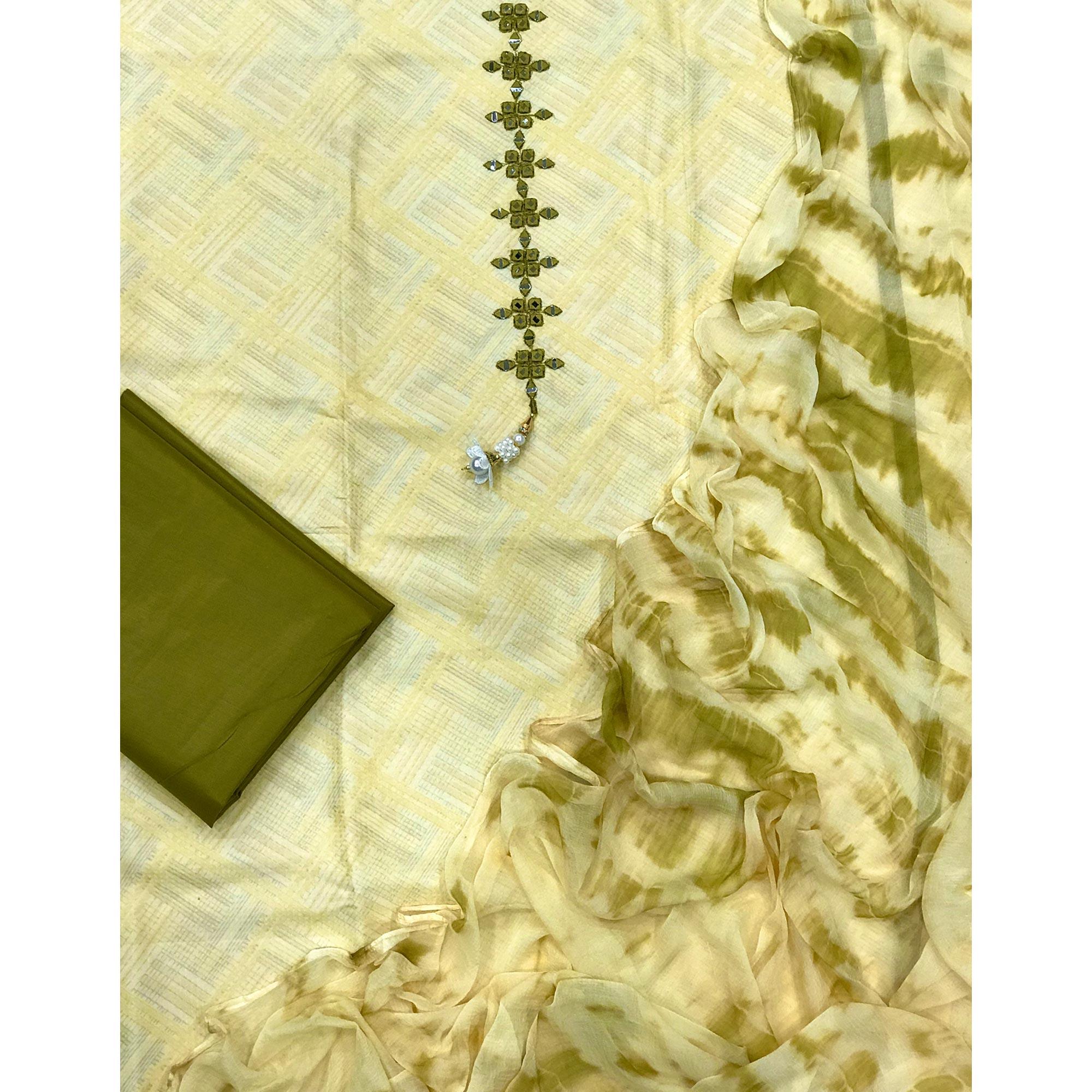 Green Printed With Embroidered Cotton Blend Dress Material - Peachmode