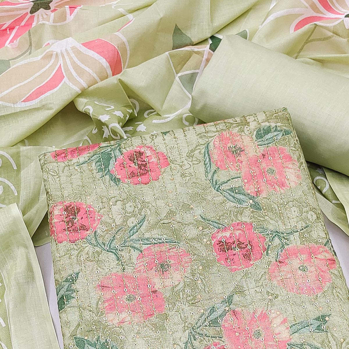 Green Printed With Embroidered Pure Cotton Dress Material - Peachmode