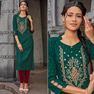 Green Printed With Embroidered Pure Cotton Kurti - Peachmode