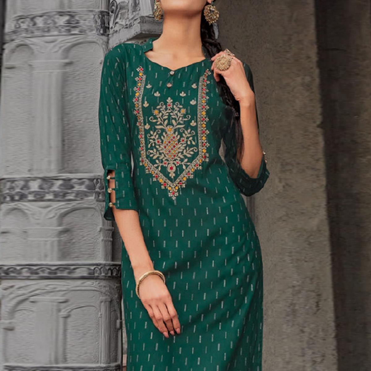 Green Printed With Embroidered Pure Cotton Kurti - Peachmode