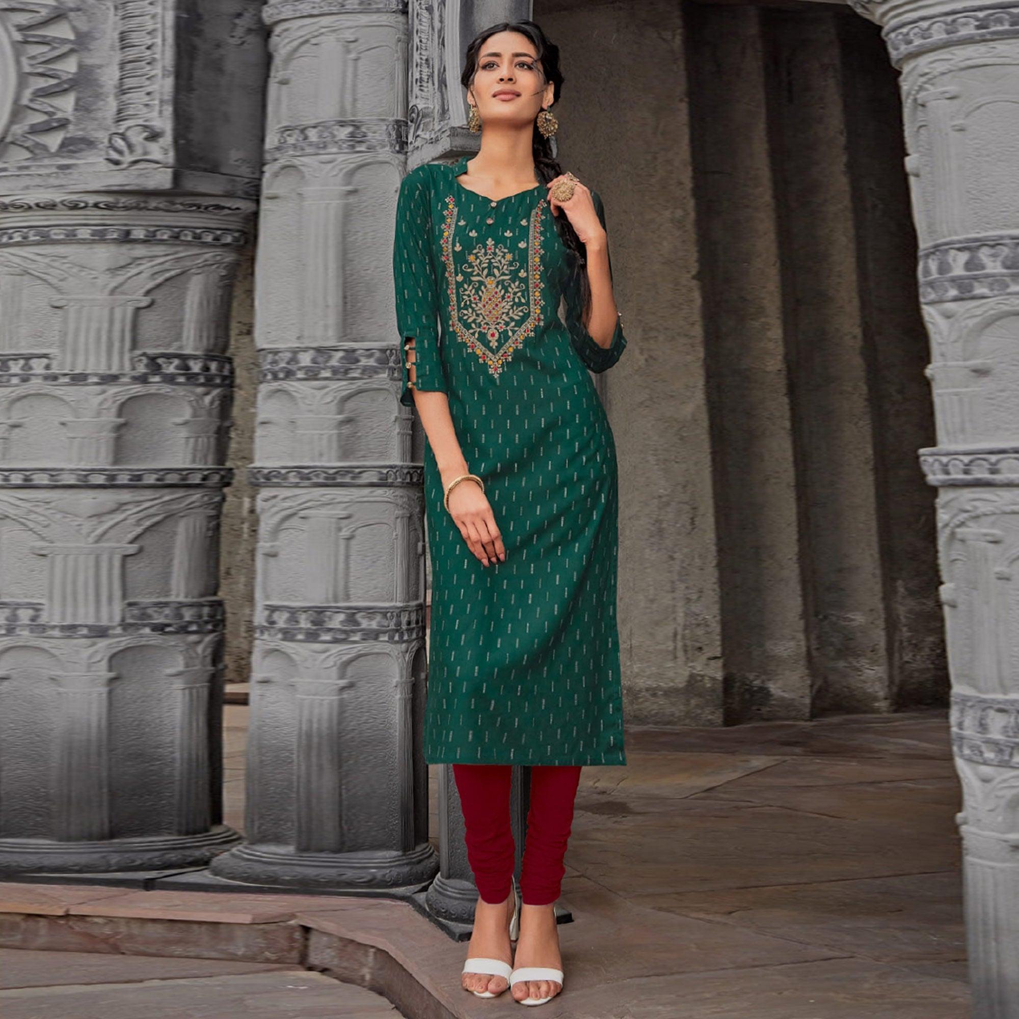 Green Printed With Embroidered Pure Cotton Kurti - Peachmode