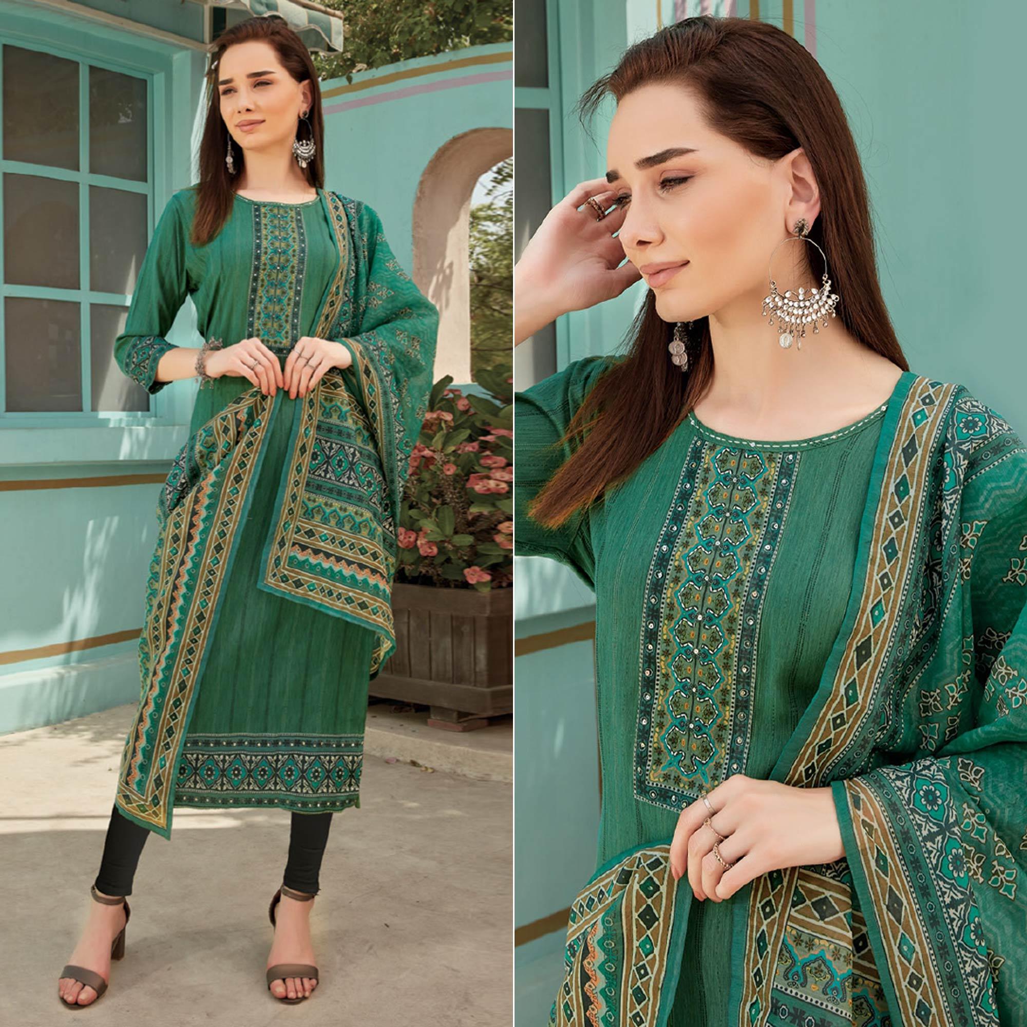 Green Printed With Embroidery Tapetta Silk Kurti With Dupatta - Peachmode