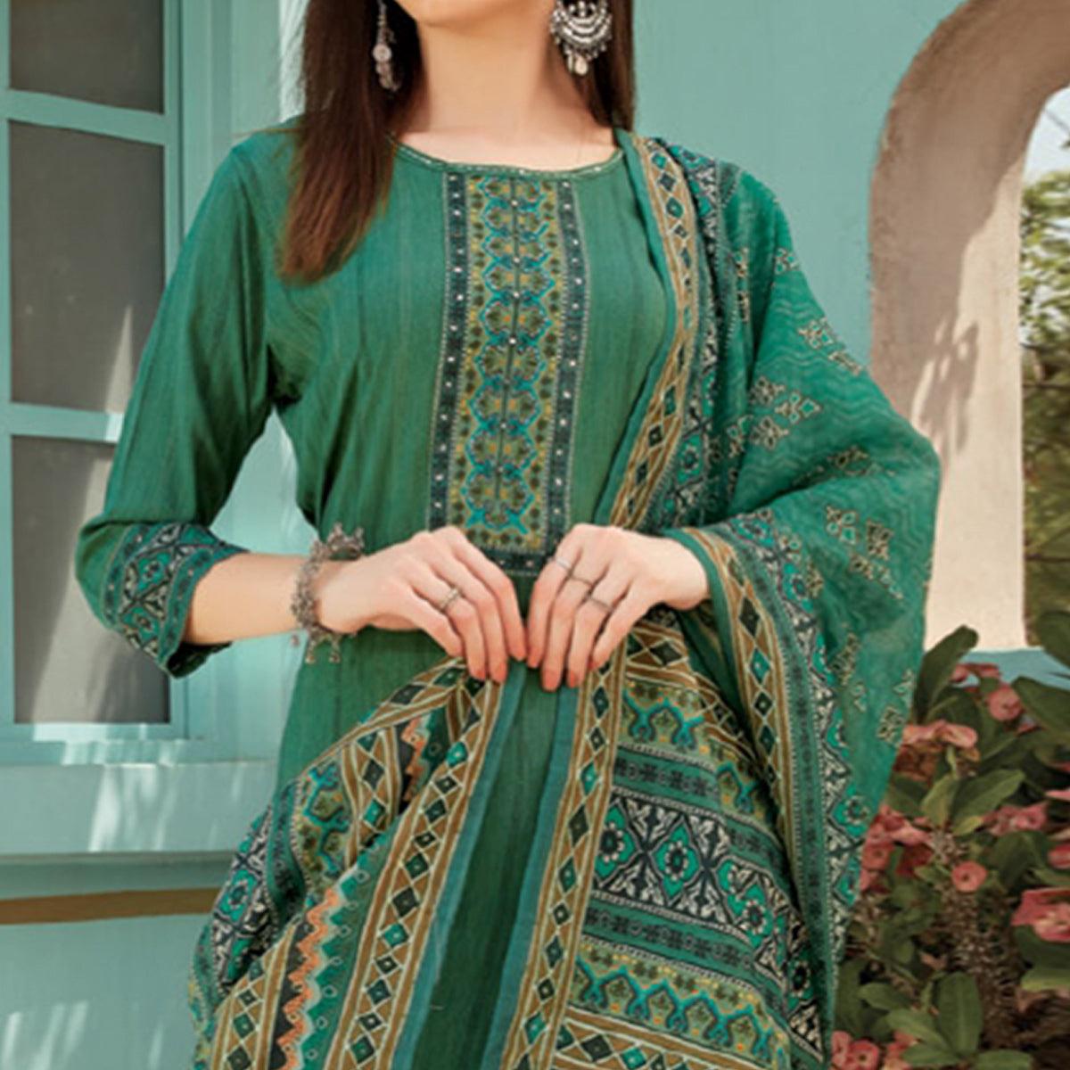 Green Printed With Embroidery Tapetta Silk Kurti With Dupatta - Peachmode
