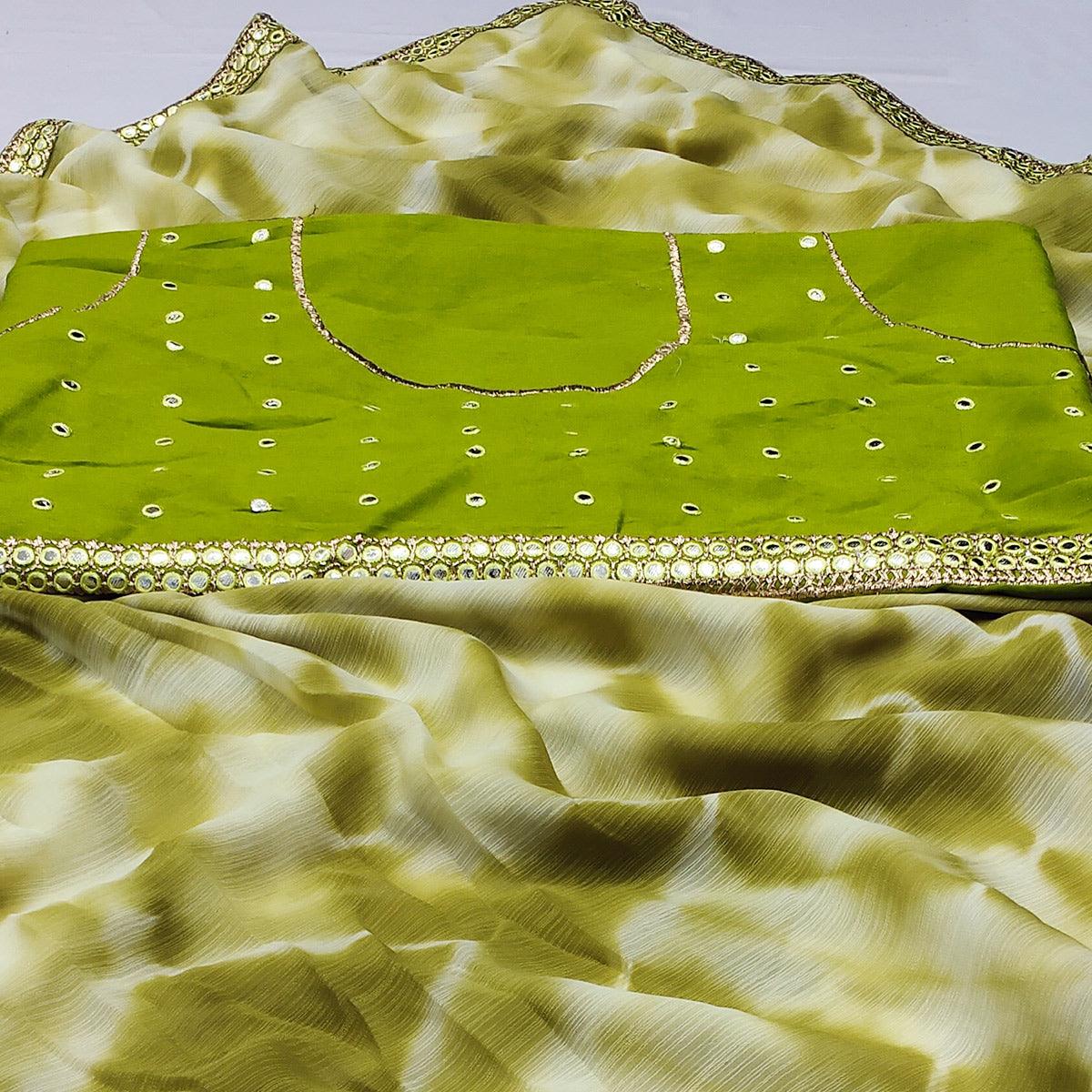 Green Printed With Fancy Mirror Border Georgette Saree - Peachmode