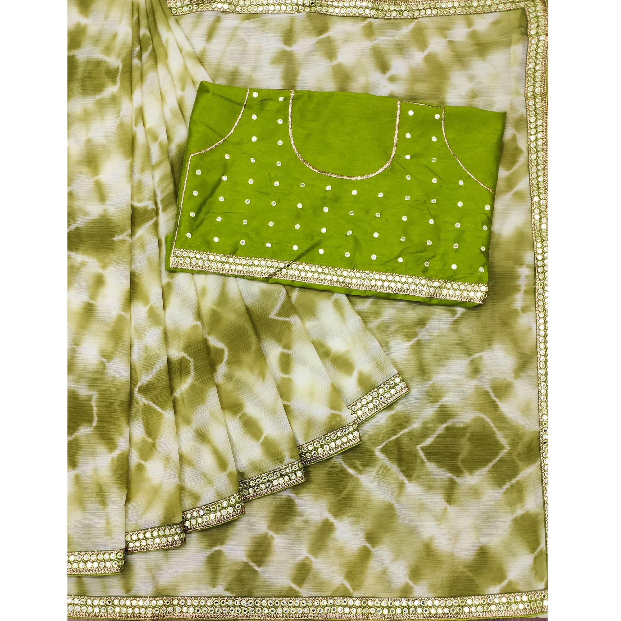 Green Printed With Fancy Mirror Border Georgette Saree - Peachmode