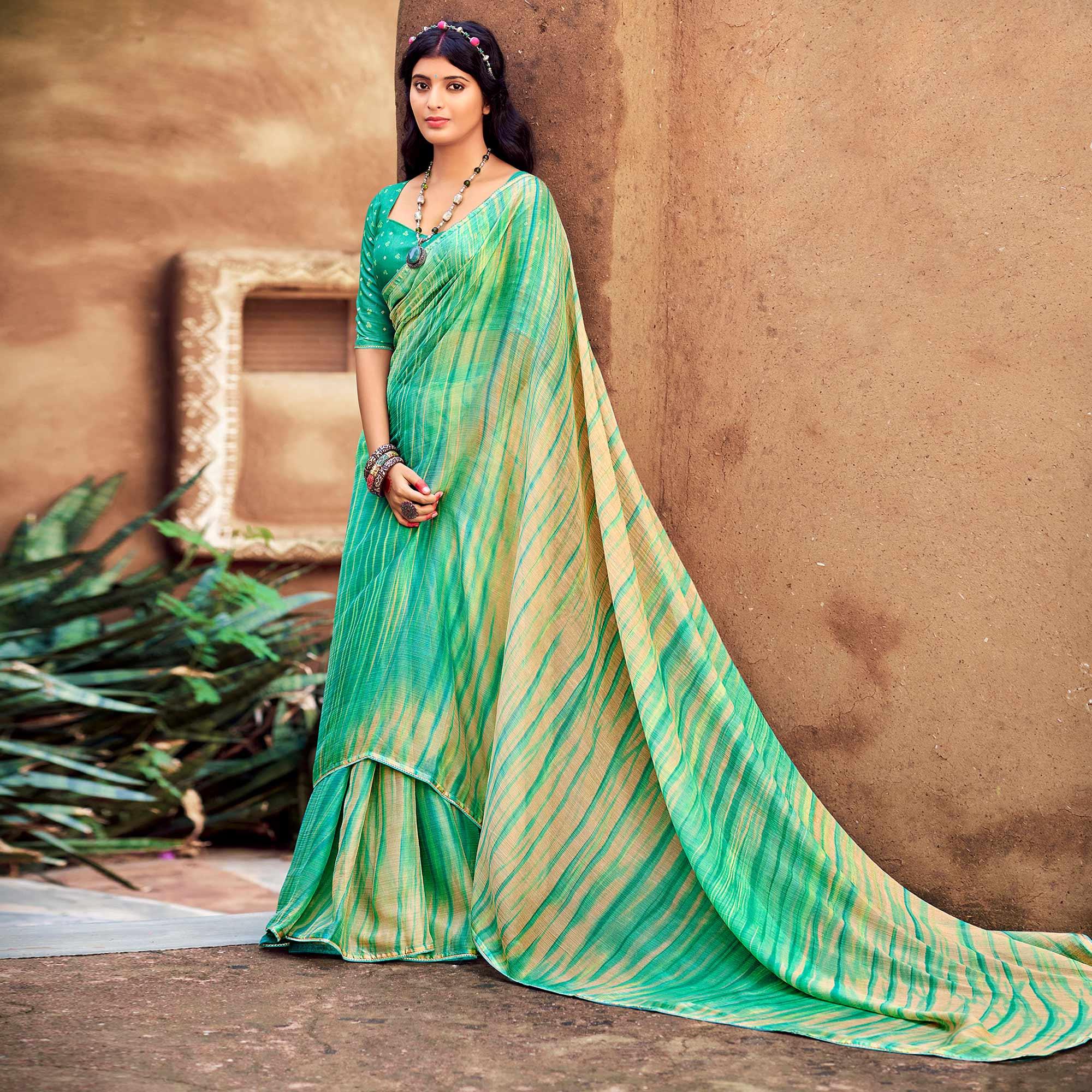 Green Printed With Gota Patti Border Chiffon Saree - Peachmode