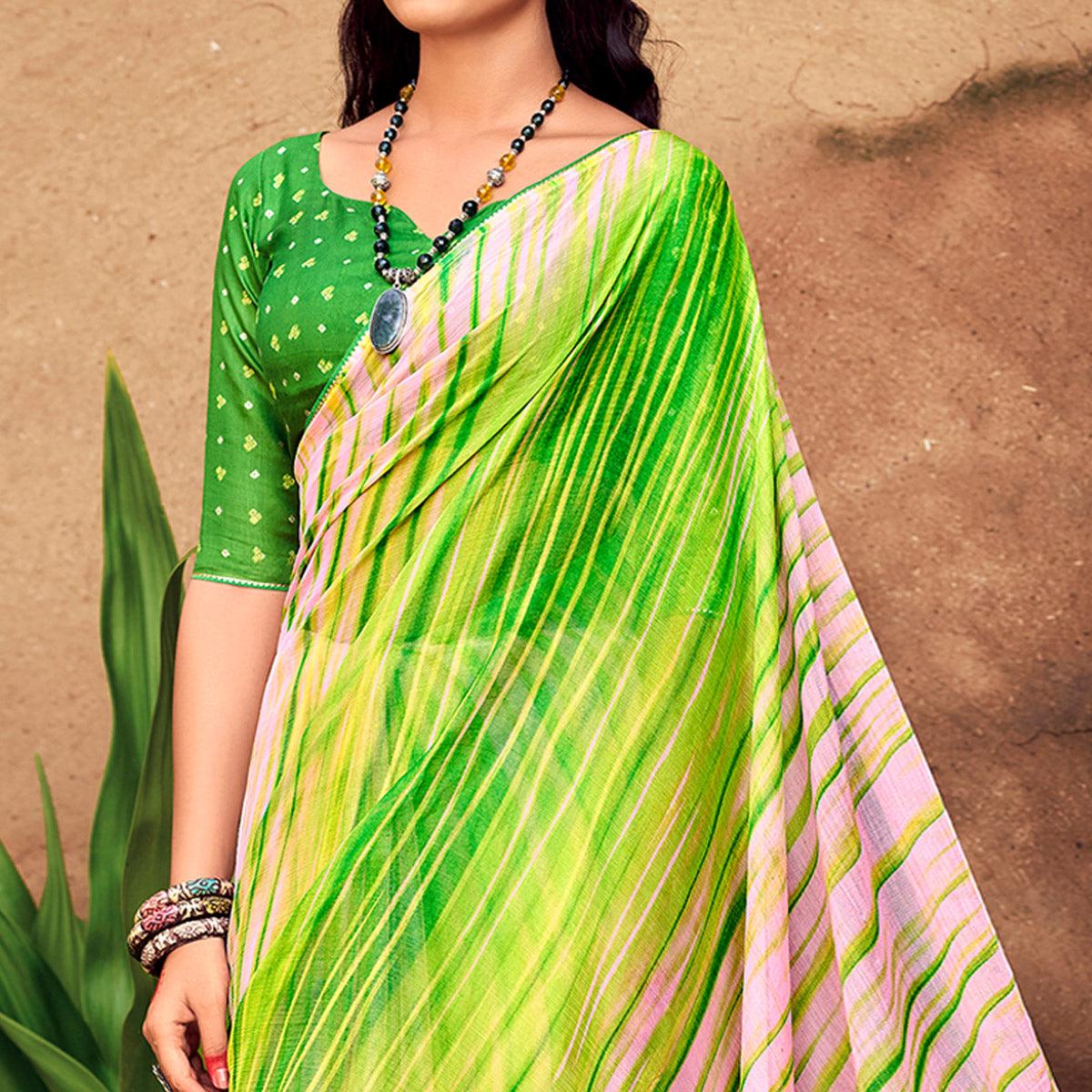 Green Printed With Gota Patti Border Chiffon Saree - Peachmode