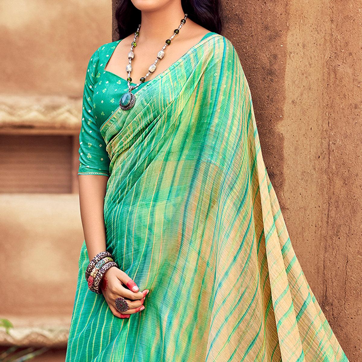 Green Printed With Gota Patti Border Chiffon Saree - Peachmode