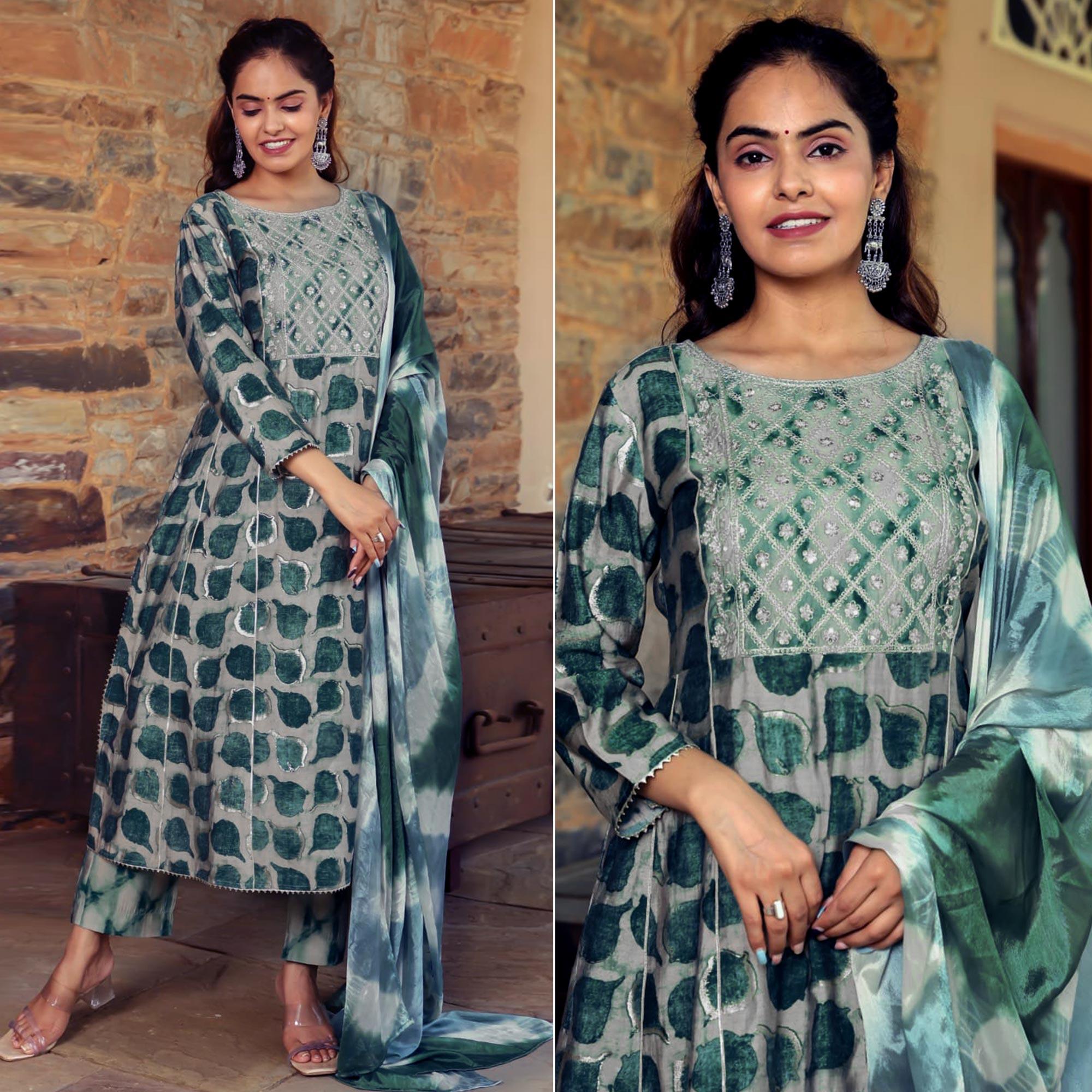 Green Printed With Gota Patti Work Muslin Anarkali Suit - Peachmode