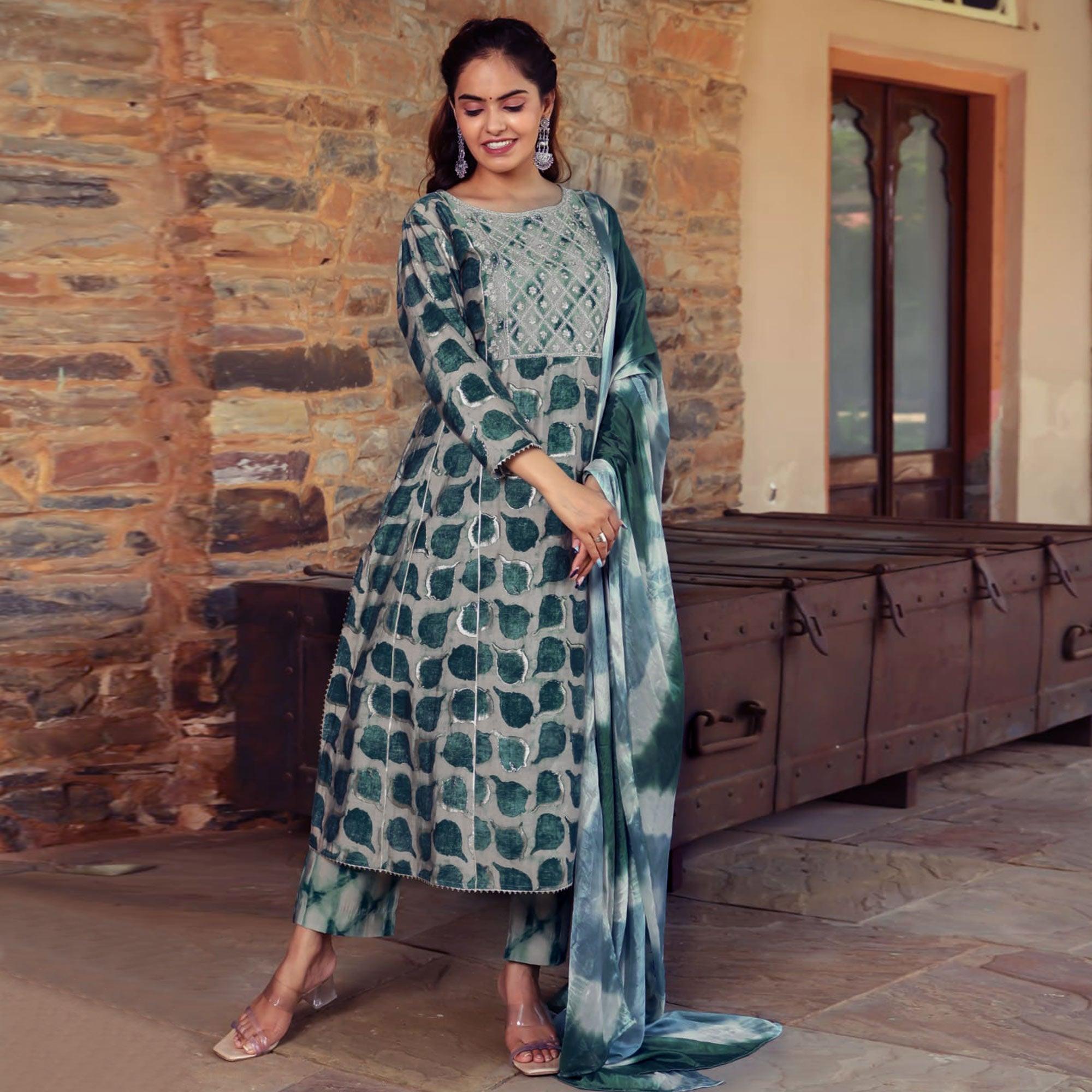 Green Printed With Gota Patti Work Muslin Anarkali Suit - Peachmode