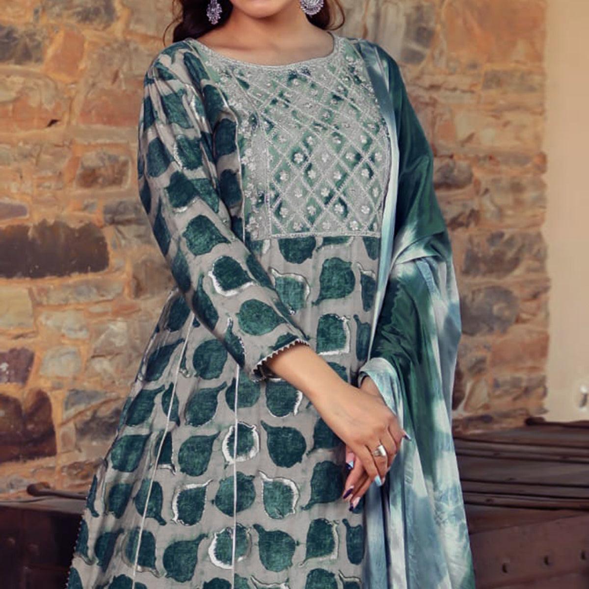 Green Printed With Gota Patti Work Muslin Anarkali Suit - Peachmode