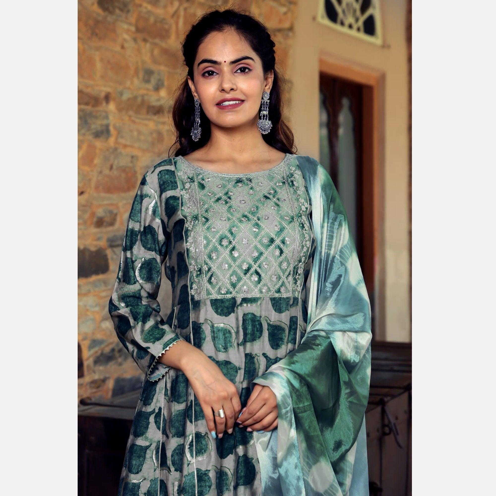 Green Printed With Gota Patti Work Muslin Anarkali Suit - Peachmode