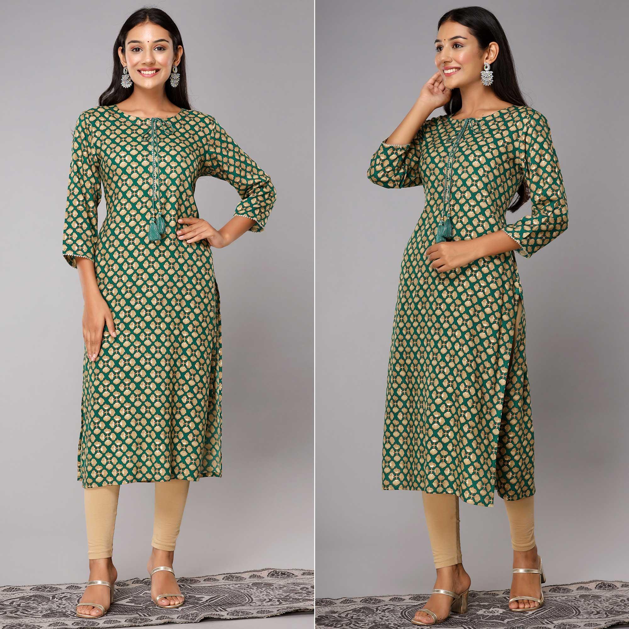 Green Printed With Gota Patti Work Pure Cotton Kurti - Peachmode