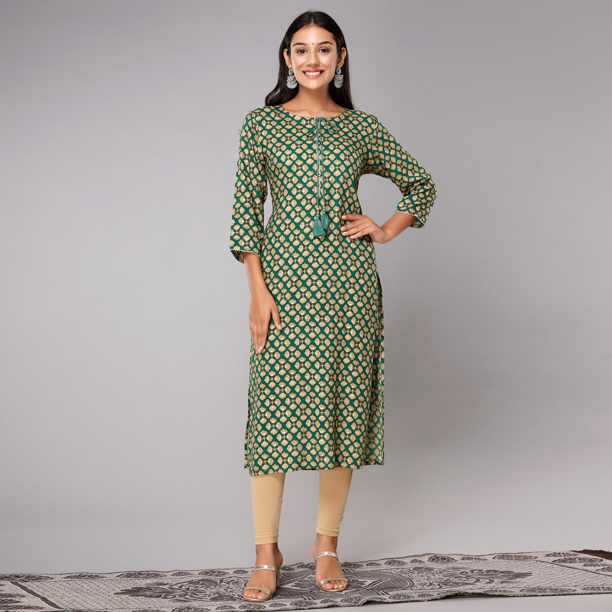 Green Printed With Gota Patti Work Pure Cotton Kurti - Peachmode