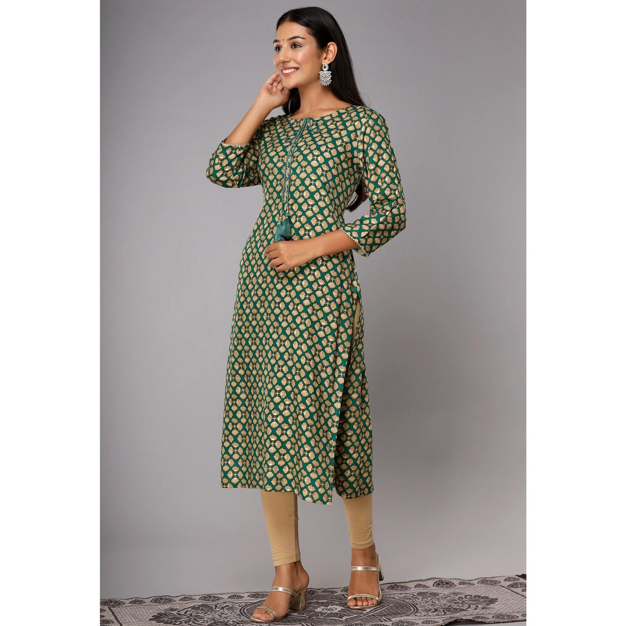 Green Printed With Gota Patti Work Pure Cotton Kurti - Peachmode