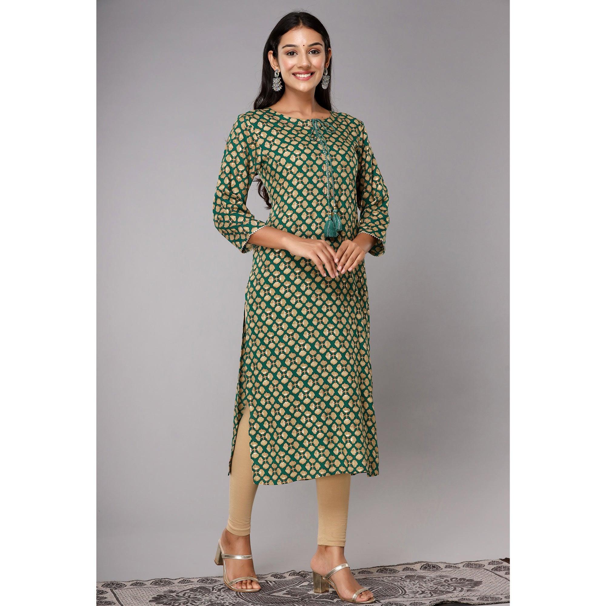 Green Printed With Gota Patti Work Pure Cotton Kurti - Peachmode