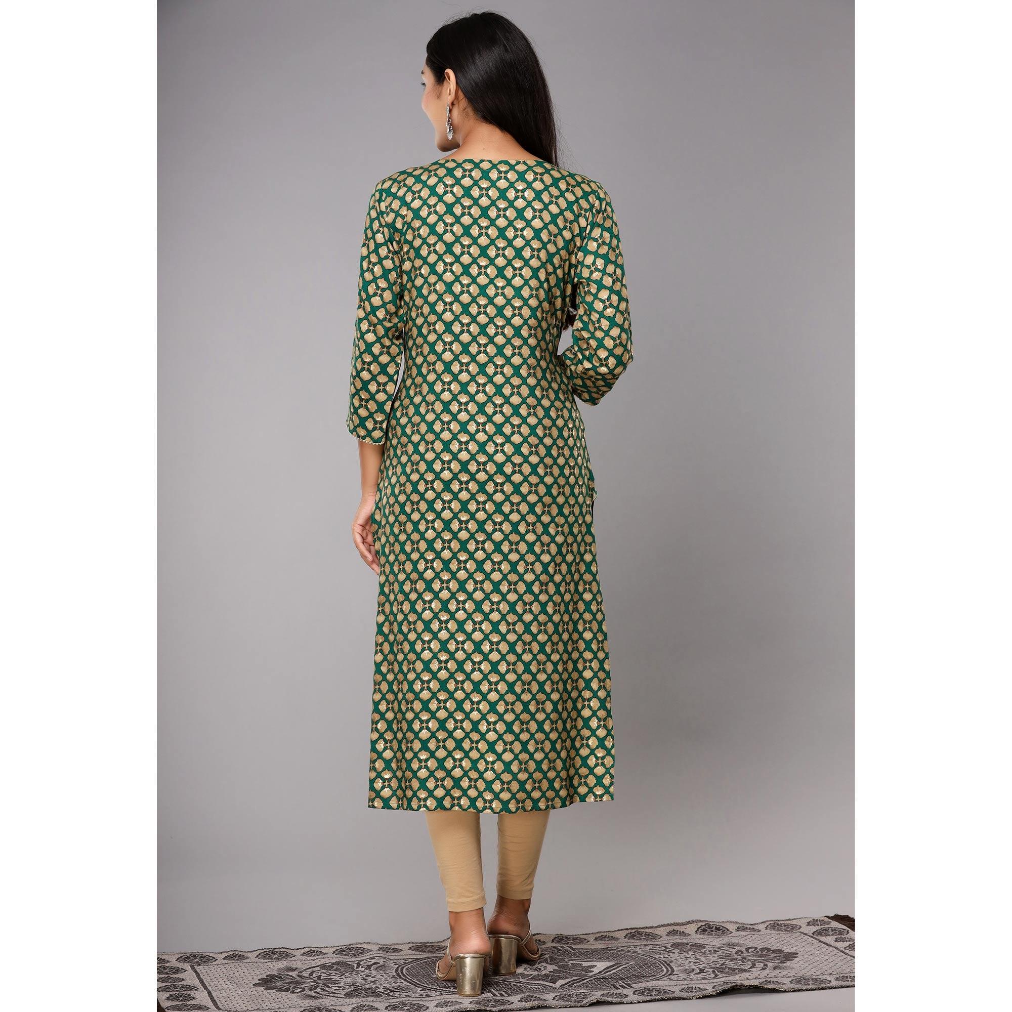 Green Printed With Gota Patti Work Pure Cotton Kurti - Peachmode