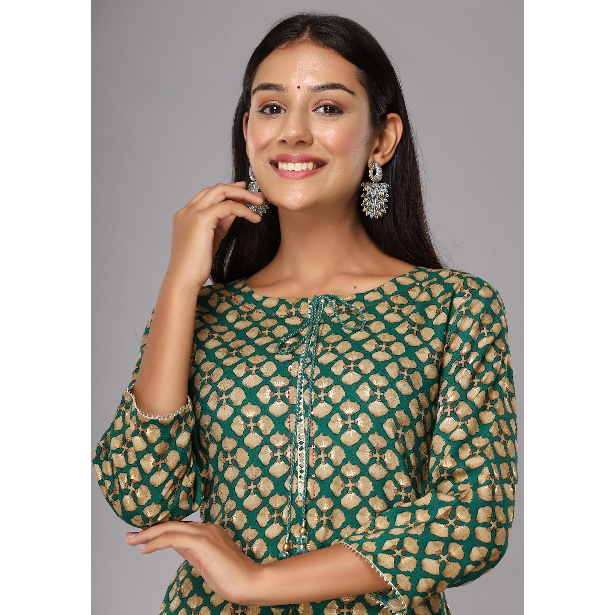 Green Printed With Gota Patti Work Pure Cotton Kurti - Peachmode