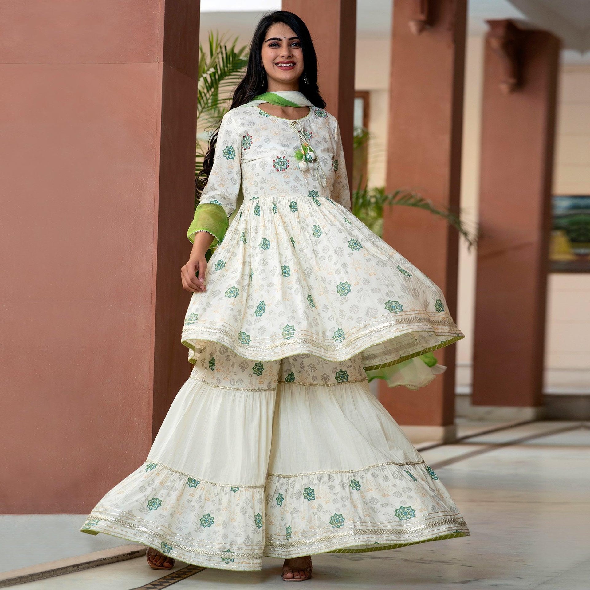 Frock Sharara Suit Cotton Frock Sharara Design Green Printed With