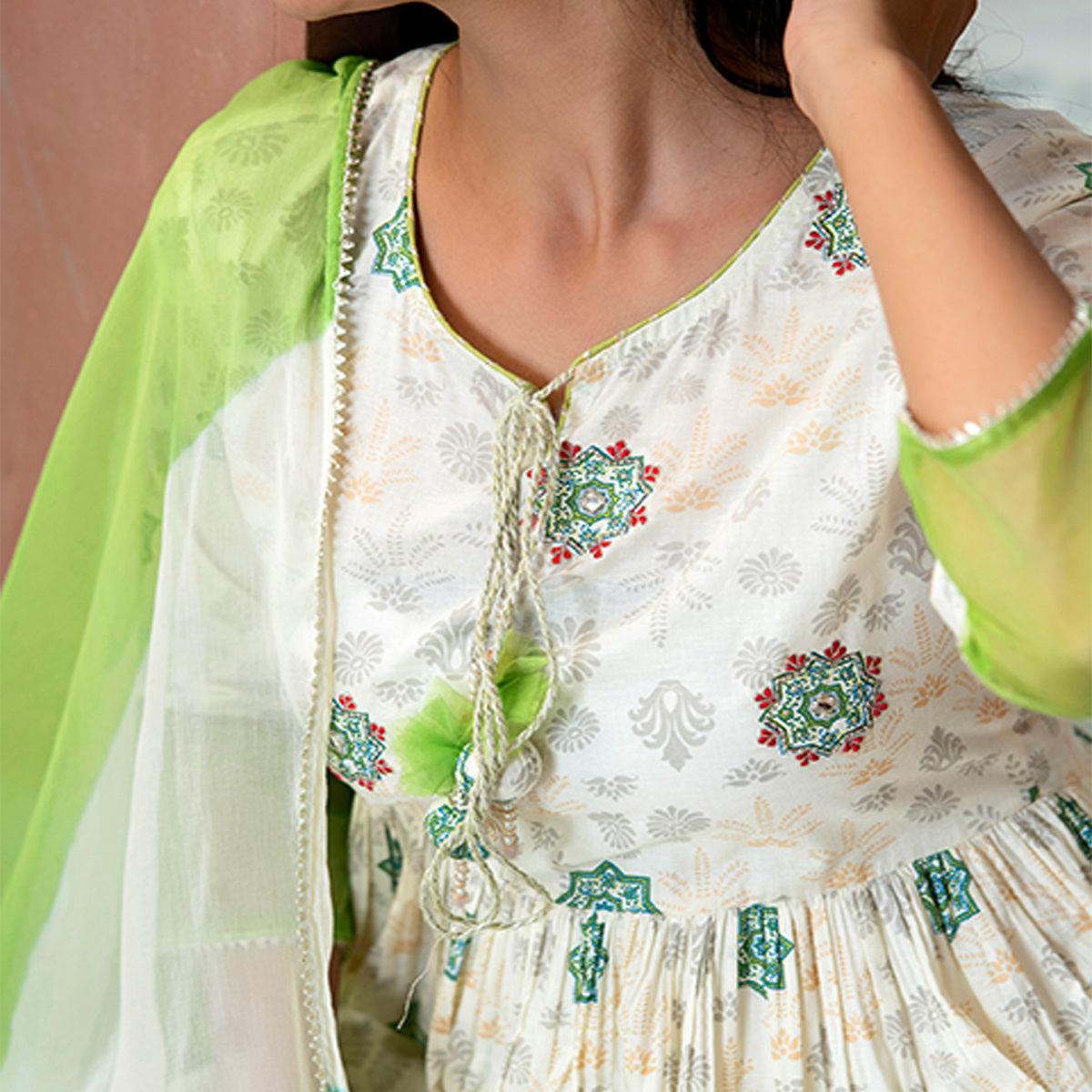 Green Printed With Gota Work Pure Cotton Sharara Suit - Peachmode