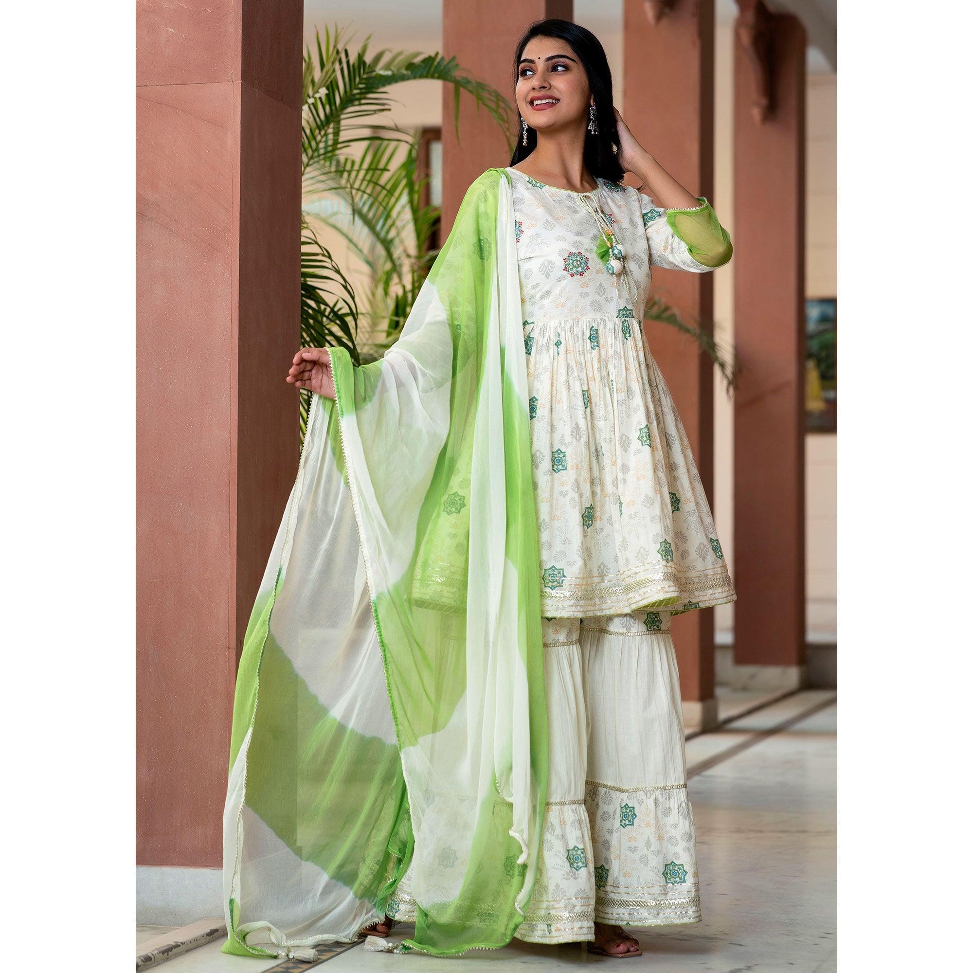 Green Printed With Gota Work Pure Cotton Sharara Suit - Peachmode