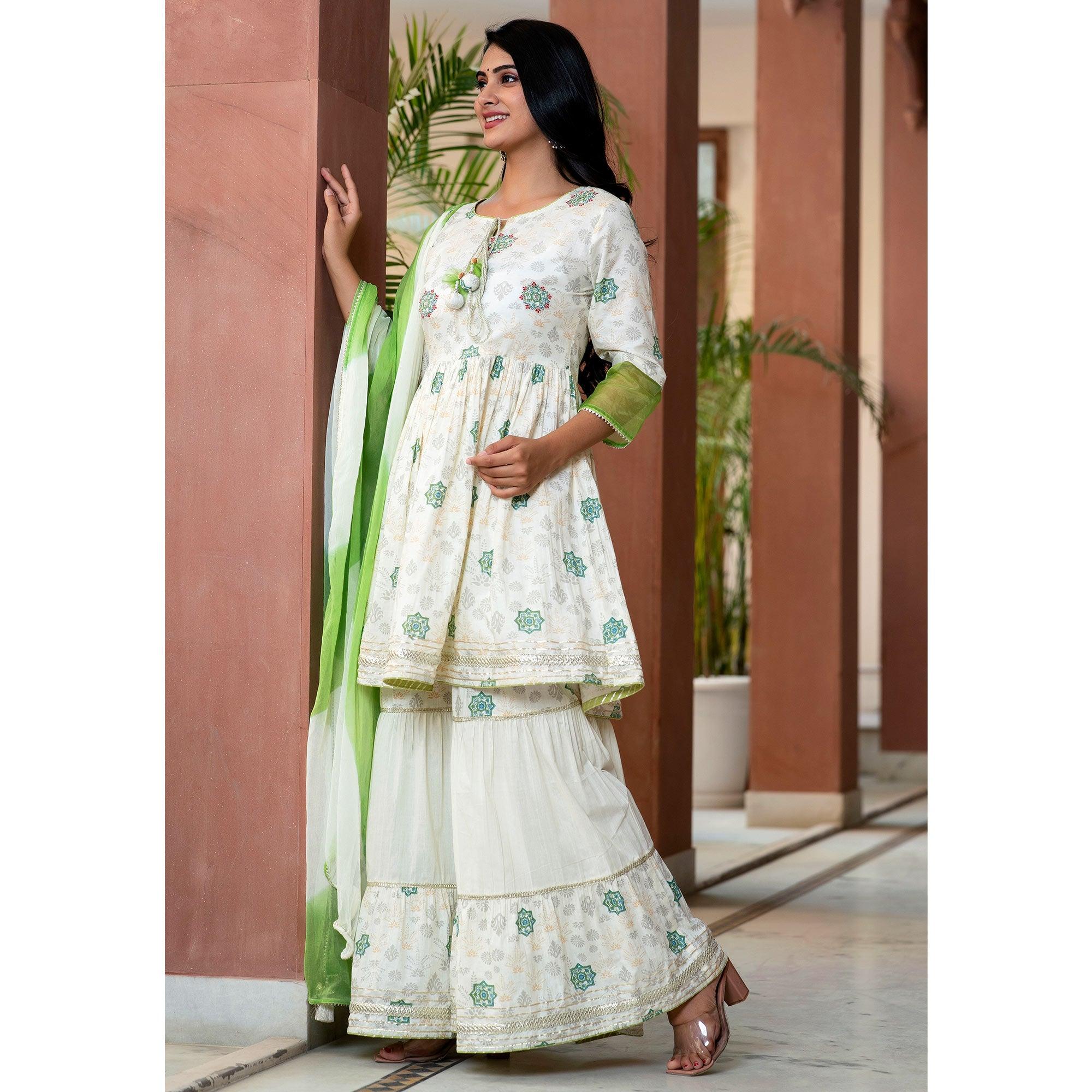 Green Printed With Gota Work Pure Cotton Sharara Suit - Peachmode