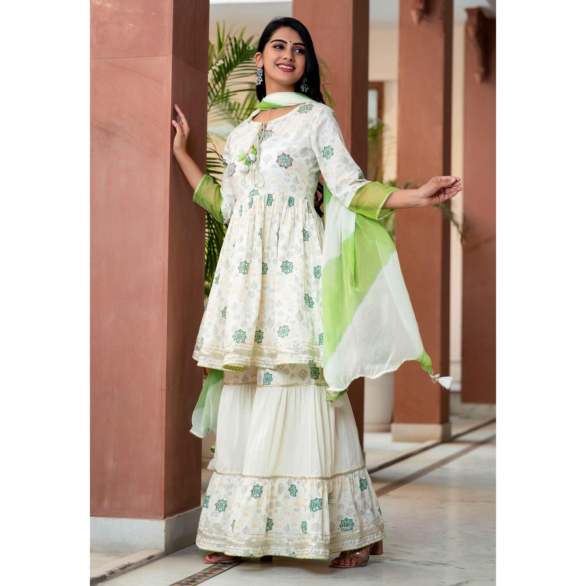 Green Printed With Gota Work Pure Cotton Sharara Suit - Peachmode