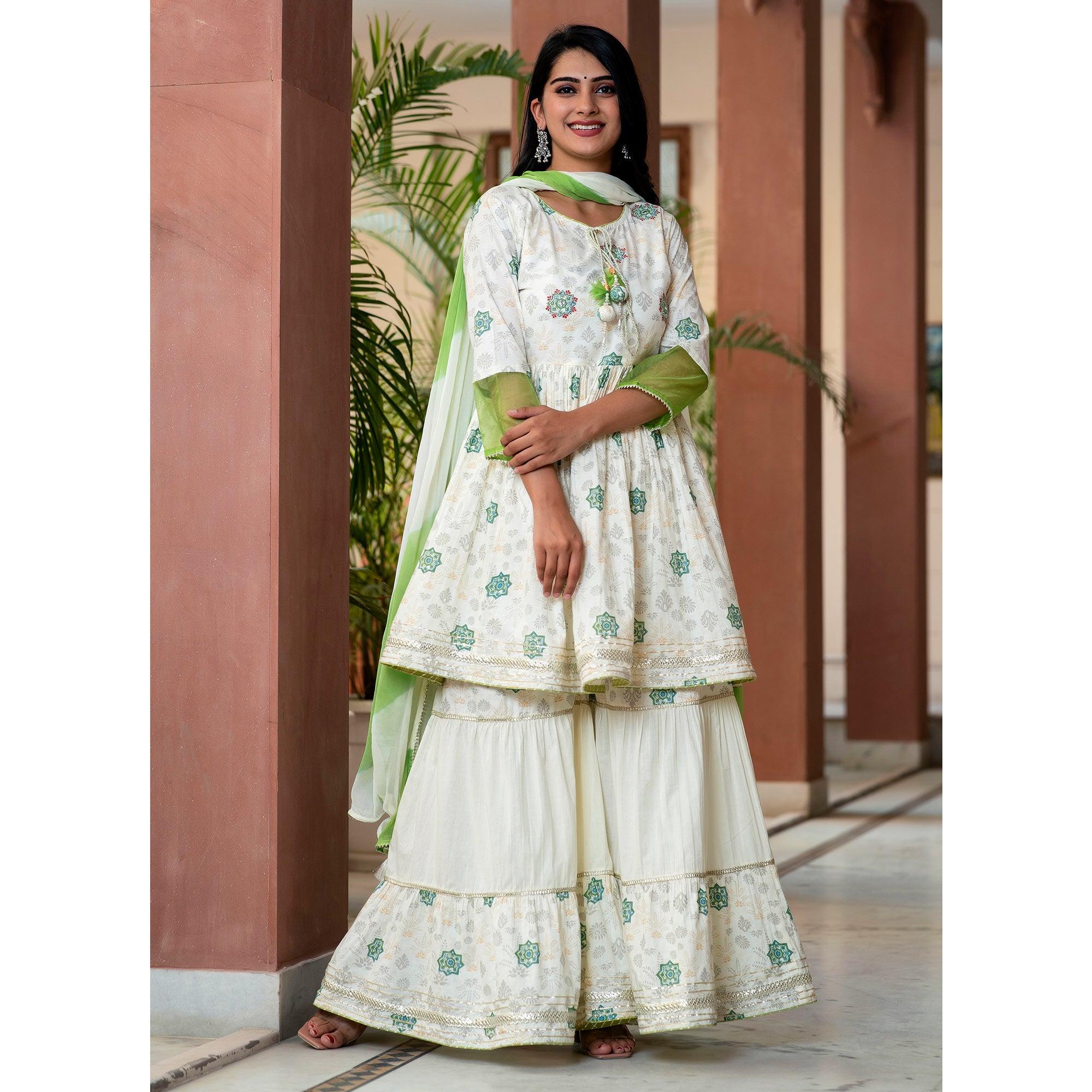 Green Printed With Gota Work Pure Cotton Sharara Suit - Peachmode