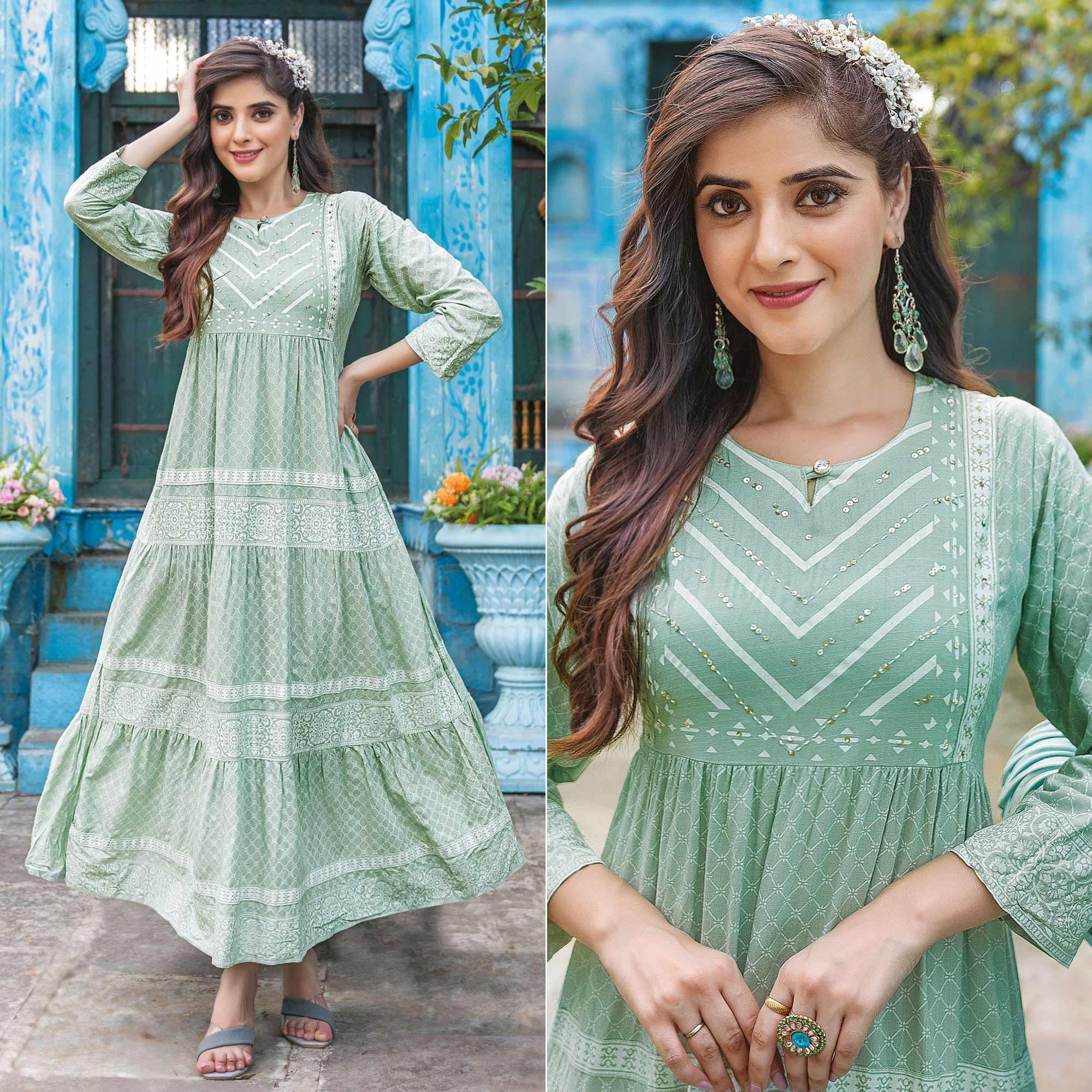 Green Printed With Sequence Embroidered Rayon Kurti - Peachmode