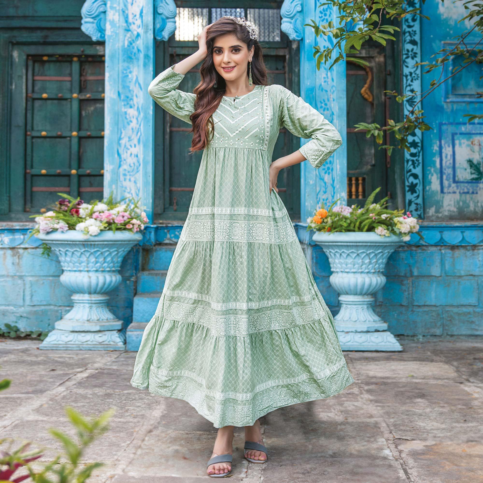 Green Printed With Sequence Embroidered Rayon Kurti - Peachmode