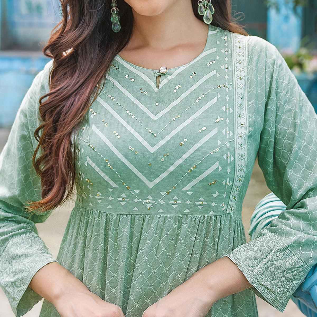 Green Printed With Sequence Embroidered Rayon Kurti - Peachmode