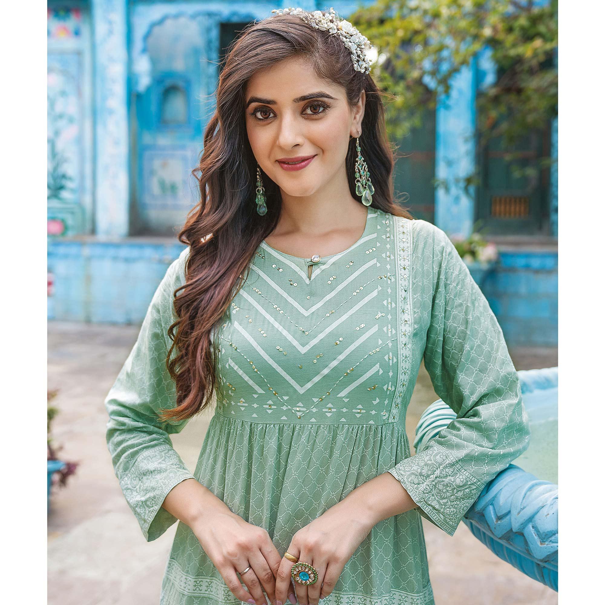 Green Printed With Sequence Embroidered Rayon Kurti - Peachmode