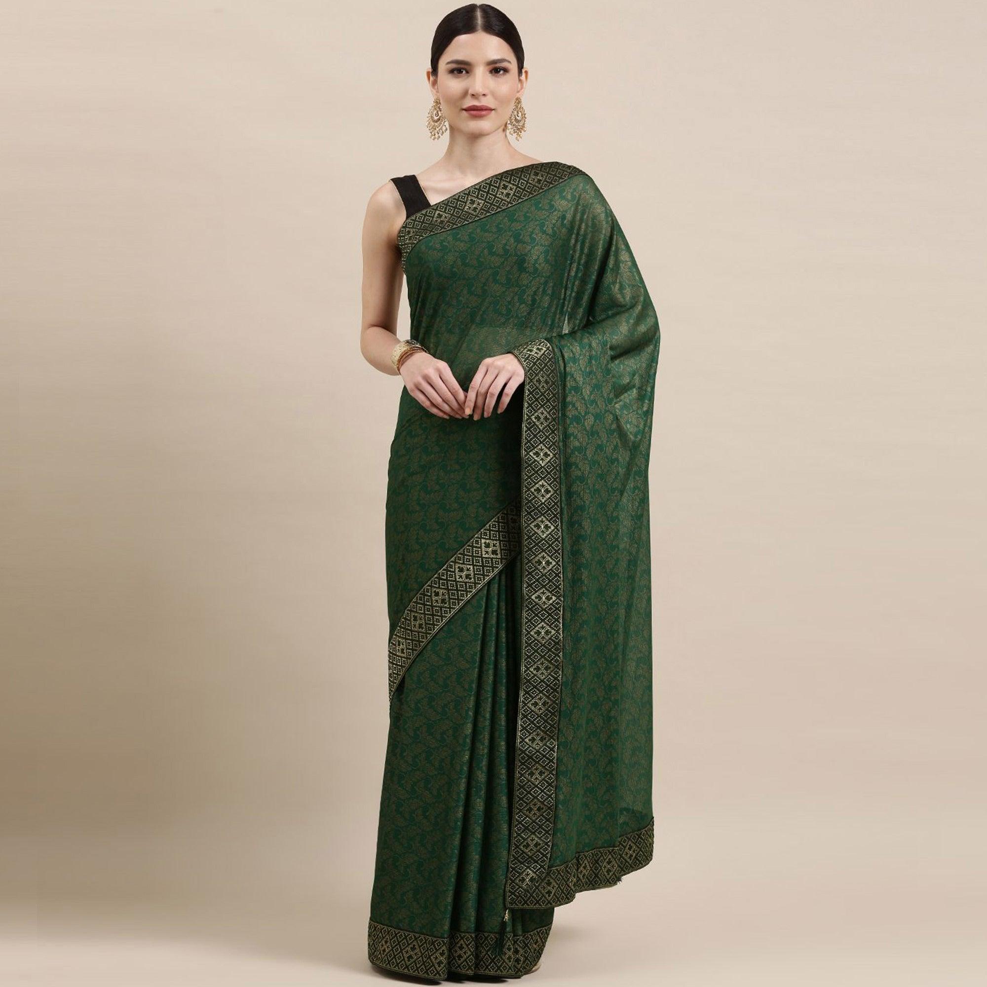 Green Printed With Woven Border Art Silk Saree - Peachmode