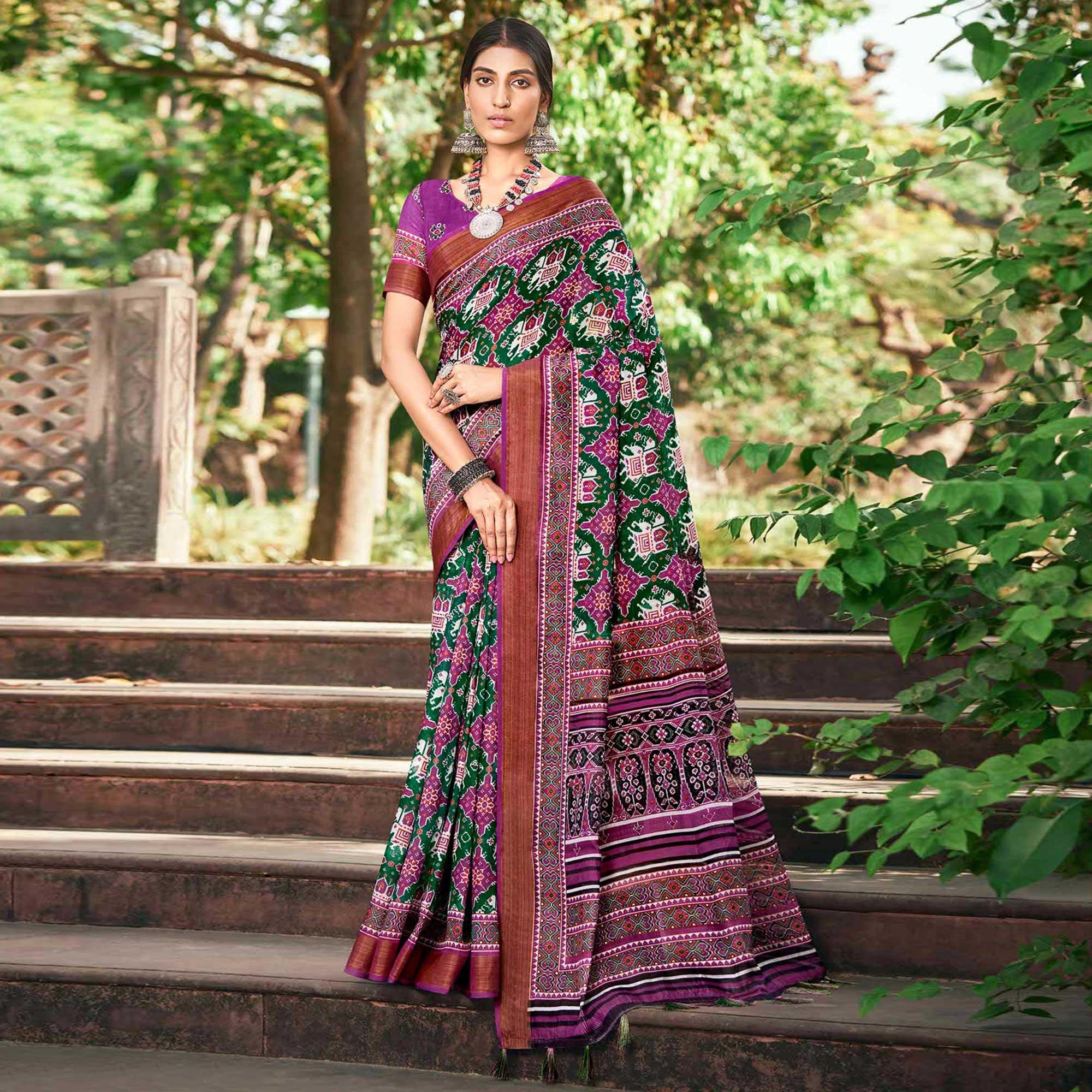 Green-Purple Patola Printed Cotton Silk Saree With Tassels - Peachmode