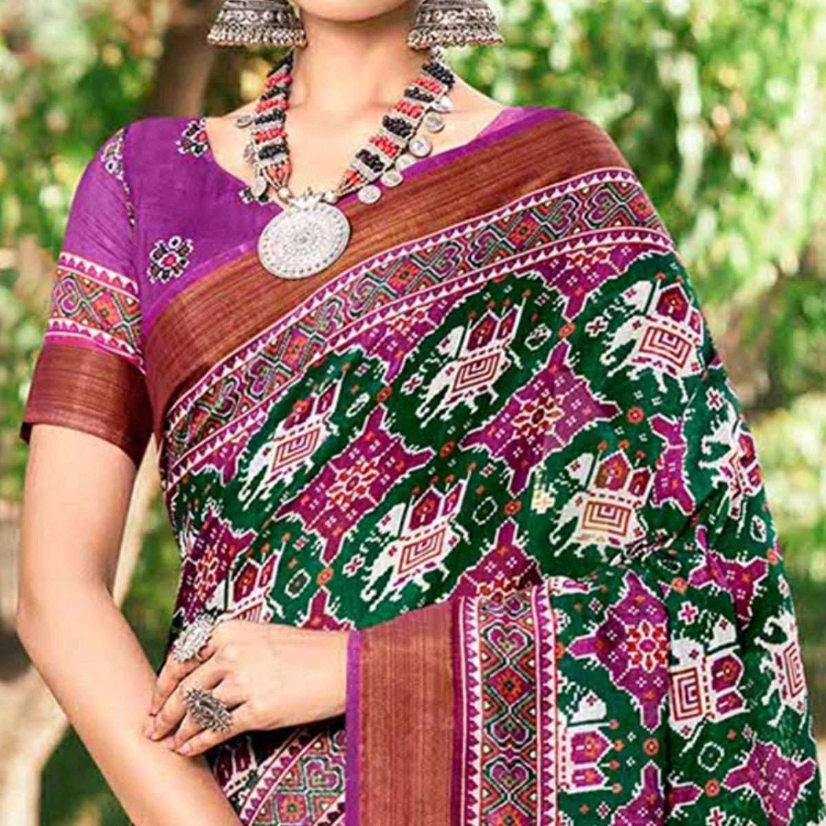 Green-Purple Patola Printed Cotton Silk Saree With Tassels - Peachmode