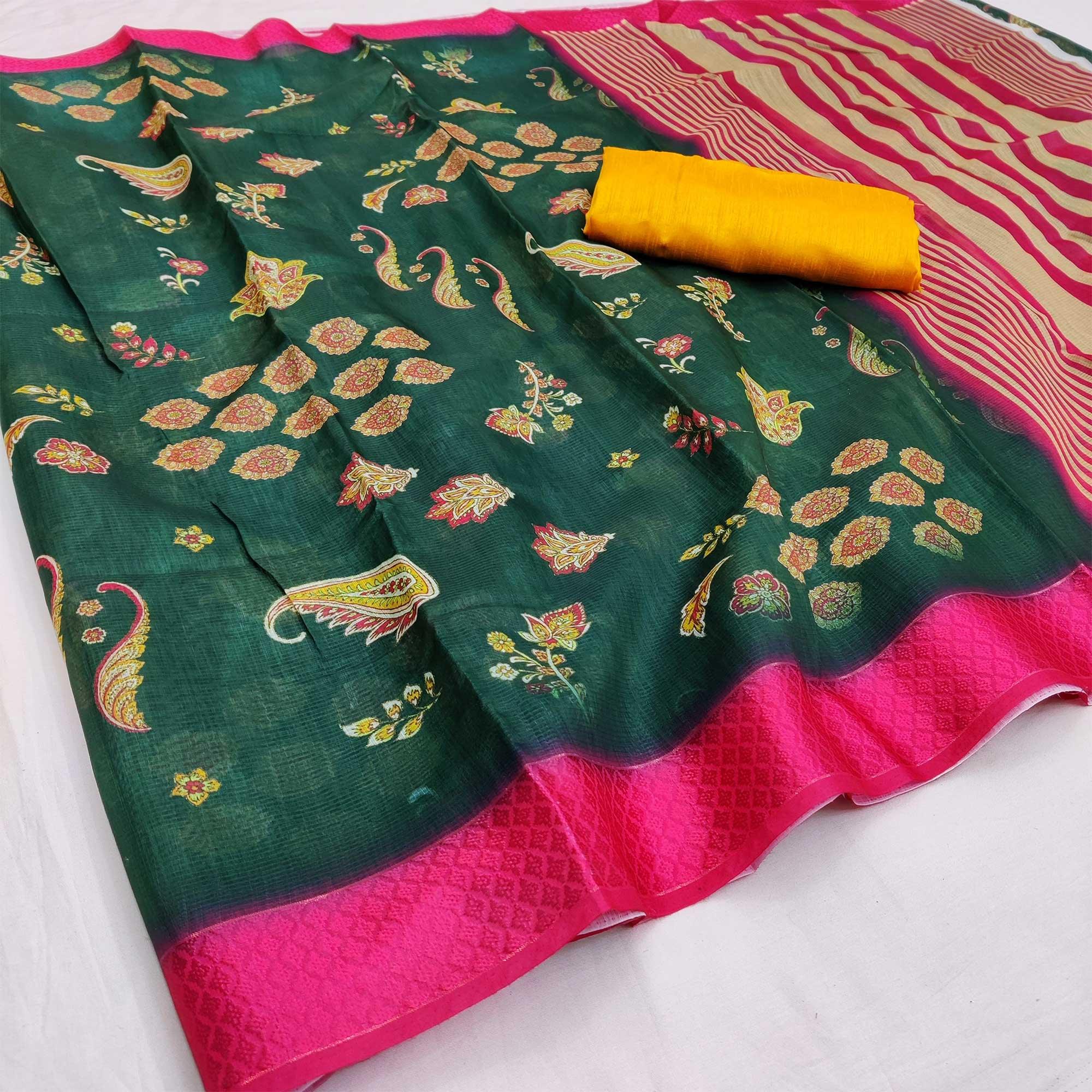 Green-Rani Festive Wear Floral Digital Printed With Woven Border Soft Cotton Saree - Peachmode