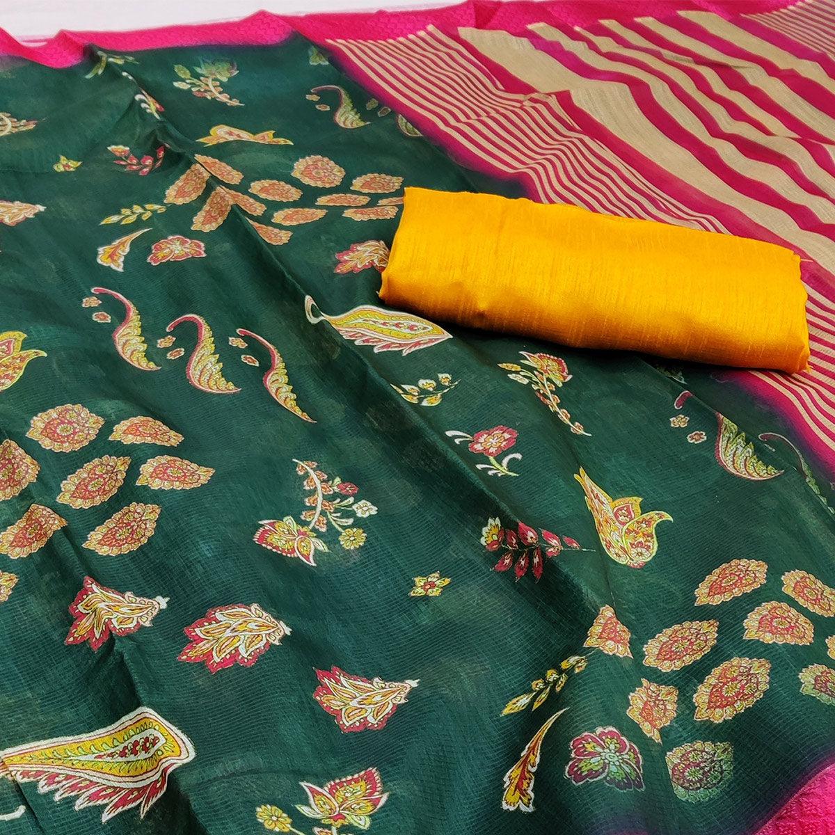 Green-Rani Festive Wear Floral Digital Printed With Woven Border Soft Cotton Saree - Peachmode