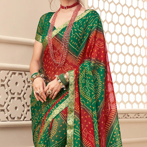 Green-Red Casual Wear Bandhani Printed Chiffon Saree With Tassels - Peachmode
