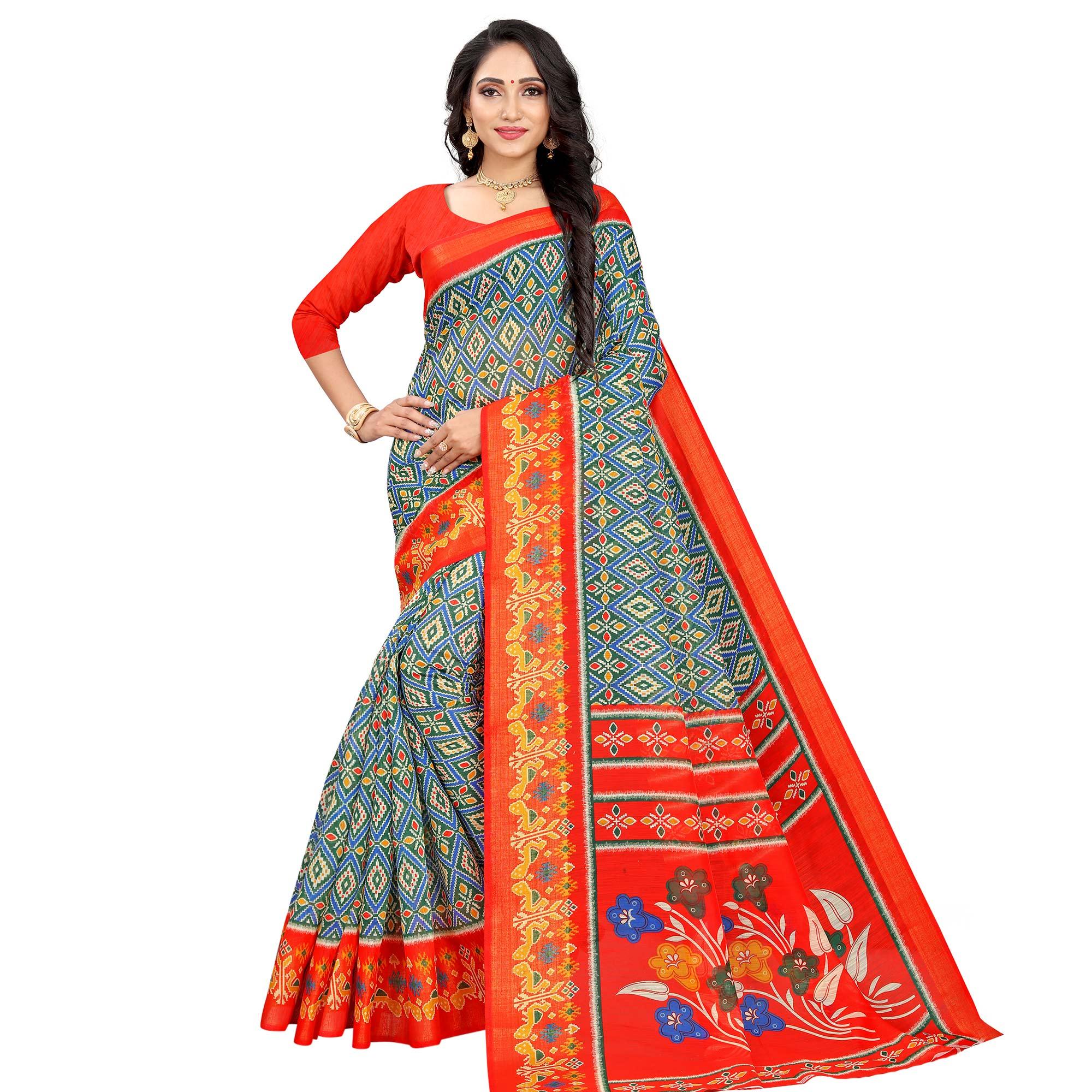 Green-Red Festive Wear Floral Printed Cotton linen Saree - Peachmode
