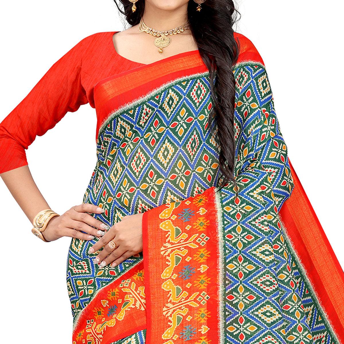 Green-Red Festive Wear Floral Printed Cotton linen Saree - Peachmode