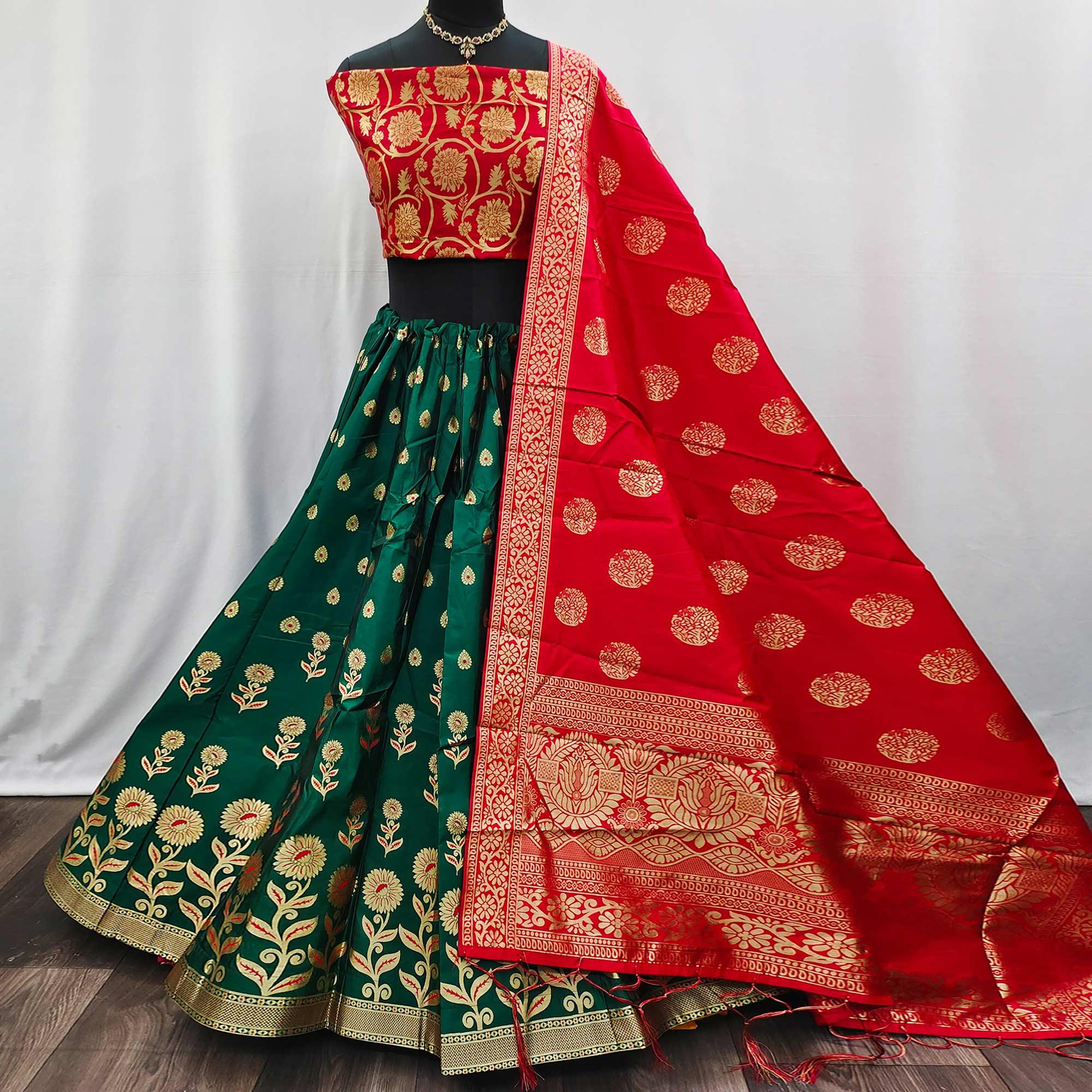 Green-Red Festive Wear Floral Woven Jacquard Lehenga Choli - Peachmode