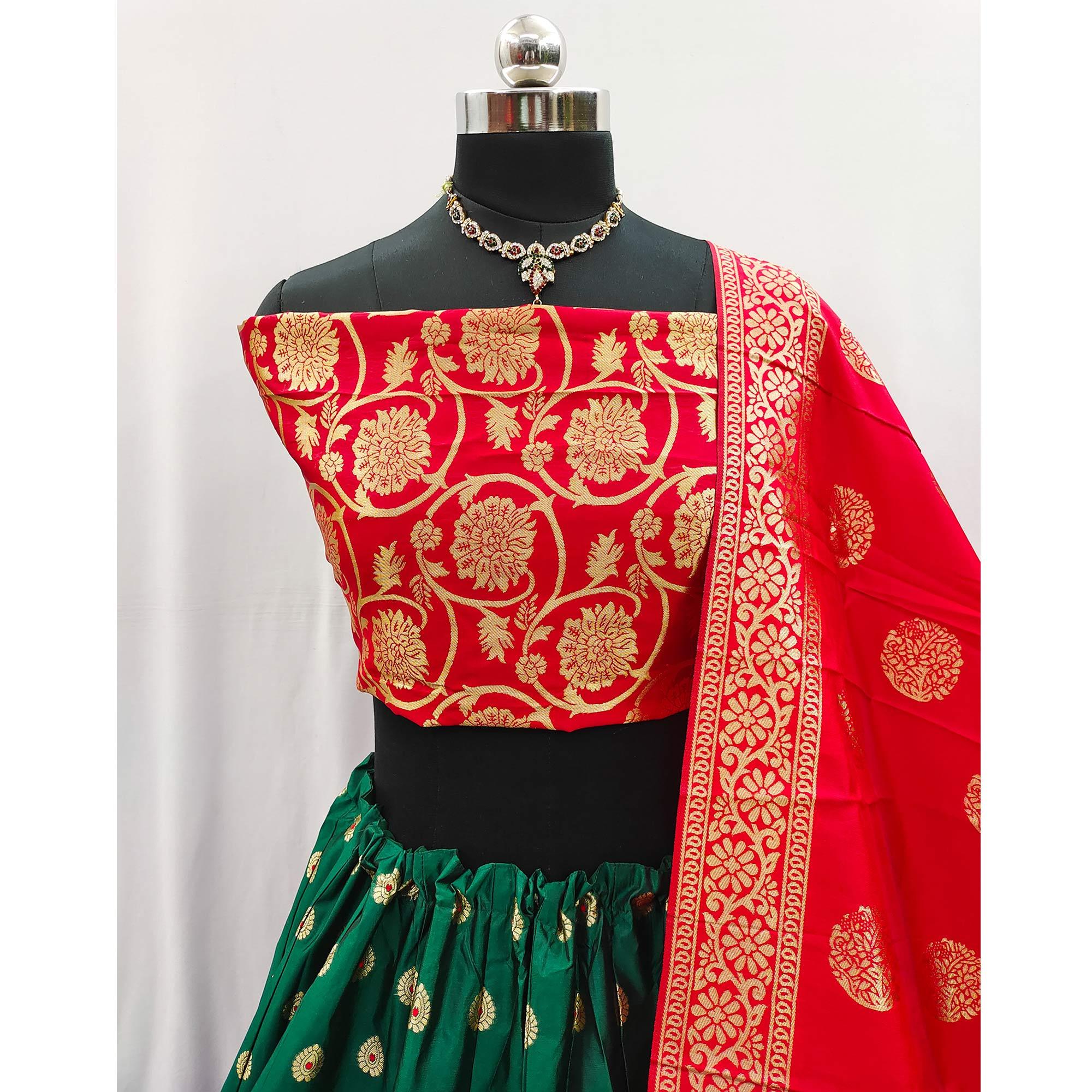 Green-Red Festive Wear Floral Woven Jacquard Lehenga Choli - Peachmode