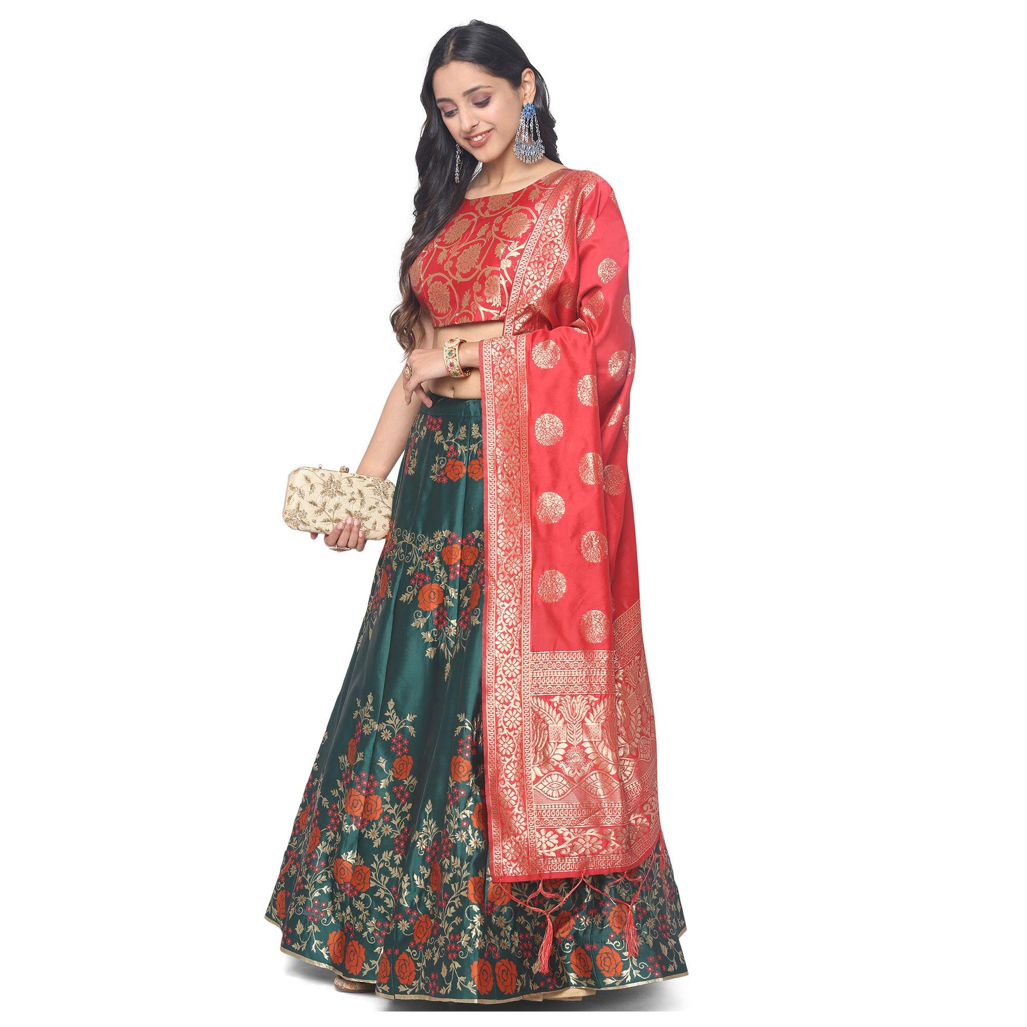Green-Red Festive Wear Floral Woven Jacquard Lehenga Choli - Peachmode