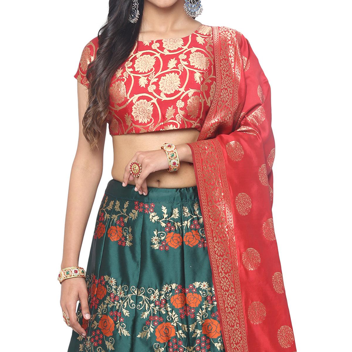 Green-Red Festive Wear Floral Woven Jacquard Lehenga Choli - Peachmode