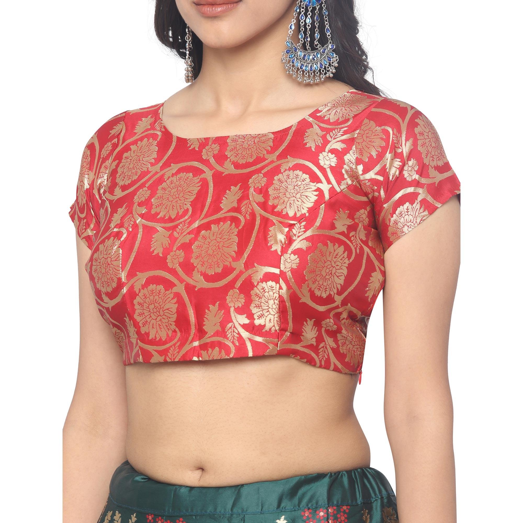 Green-Red Festive Wear Floral Woven Jacquard Lehenga Choli - Peachmode