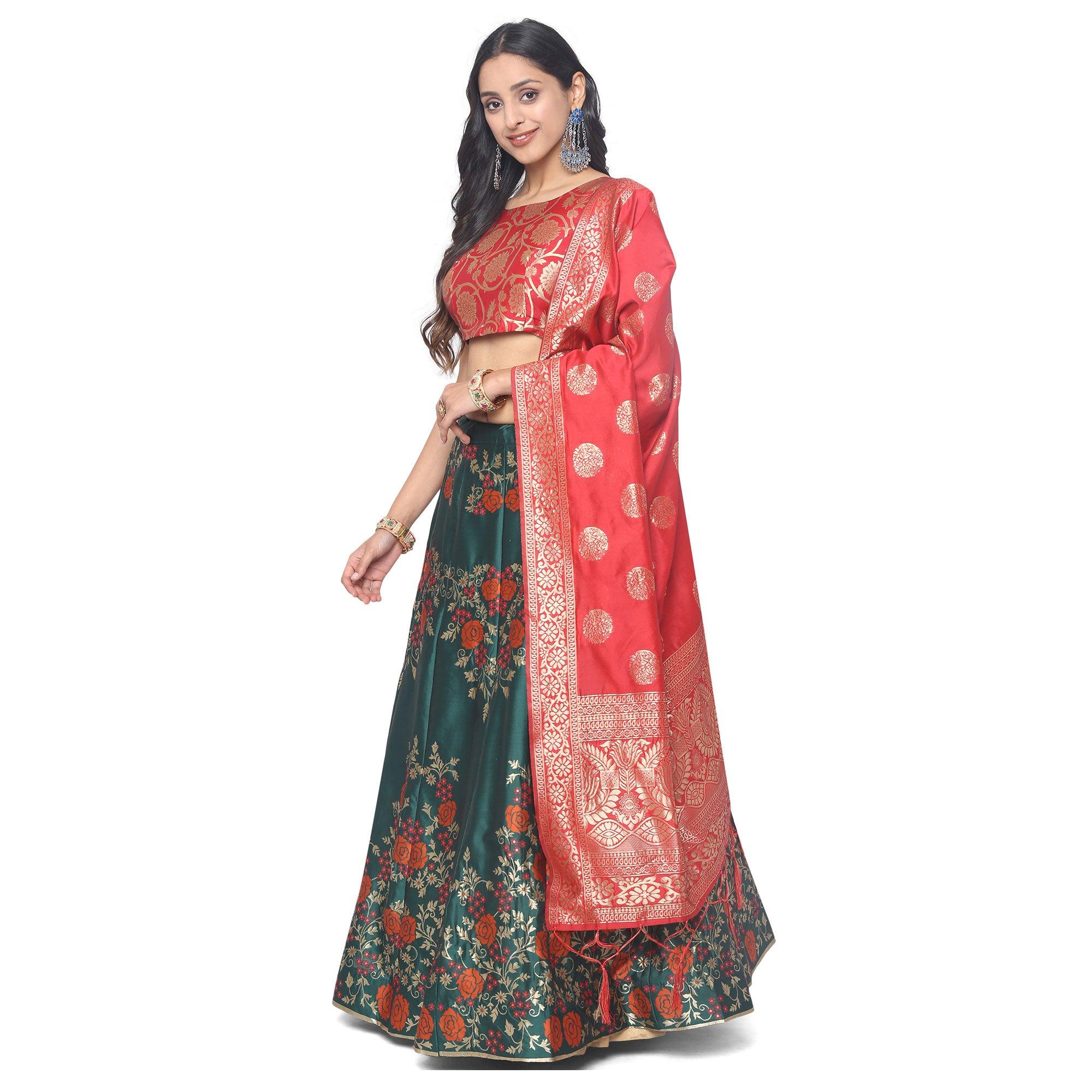Green-Red Festive Wear Floral Woven Jacquard Lehenga Choli - Peachmode