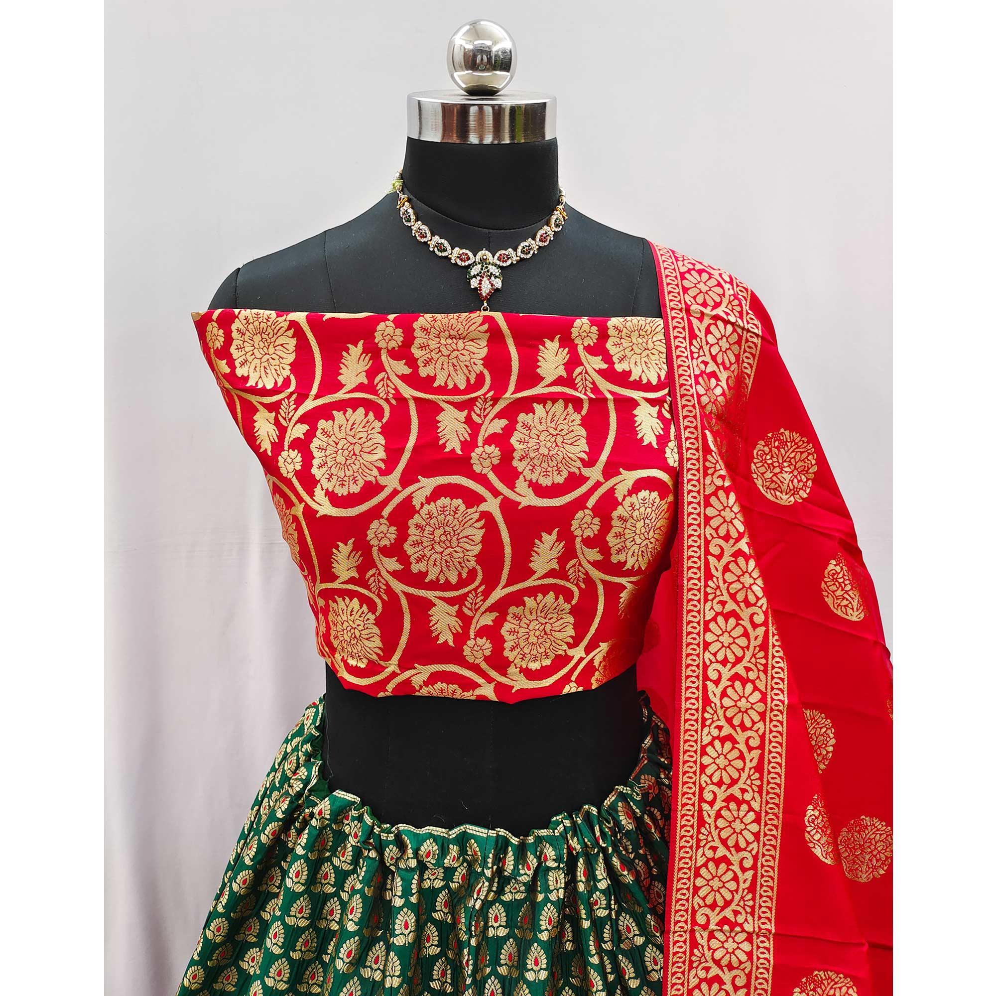 Green-Red Festive Wear Woven Jacquard Lehenga Choli - Peachmode